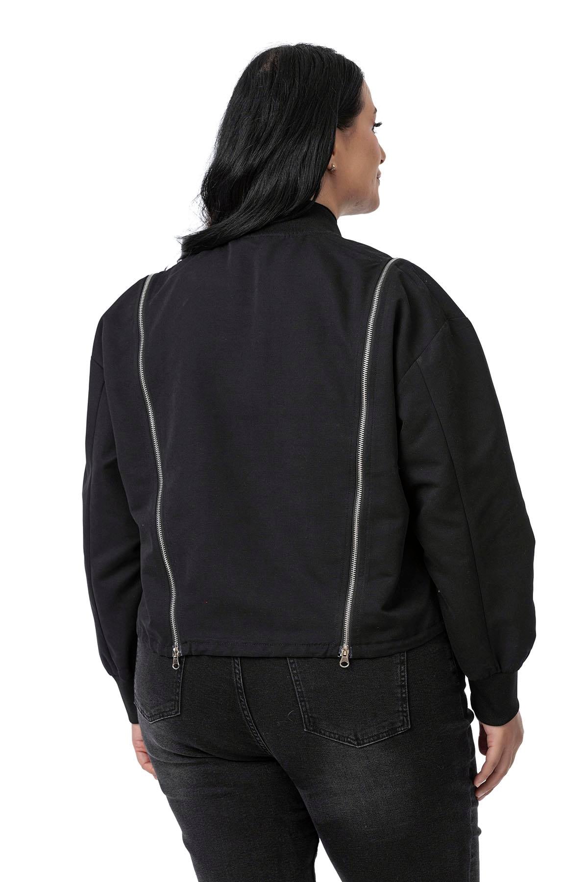 Plus Size Black Bomber Jacket with Ribbed Collar and Cuffs and Zipper Detail