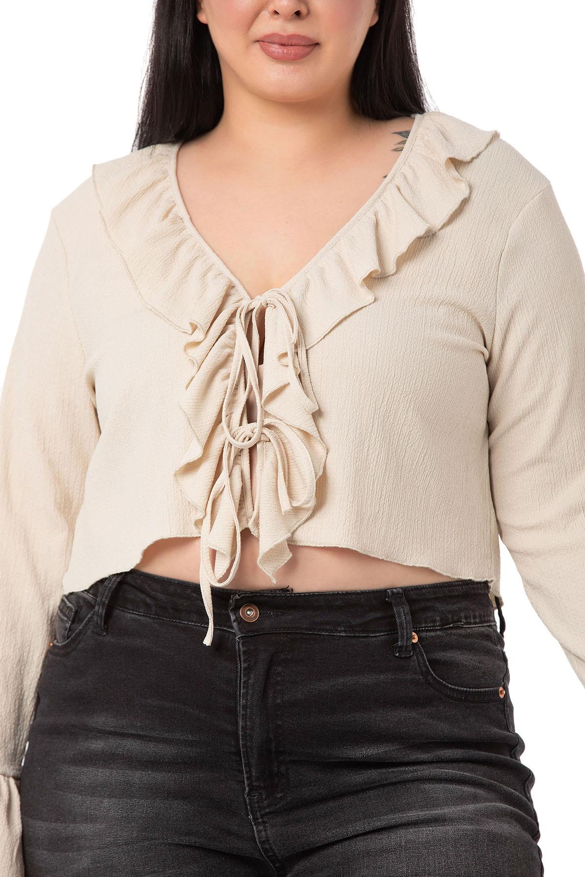 Plus Size Beige Bolero with Frill Detail on Collar and Sleeves