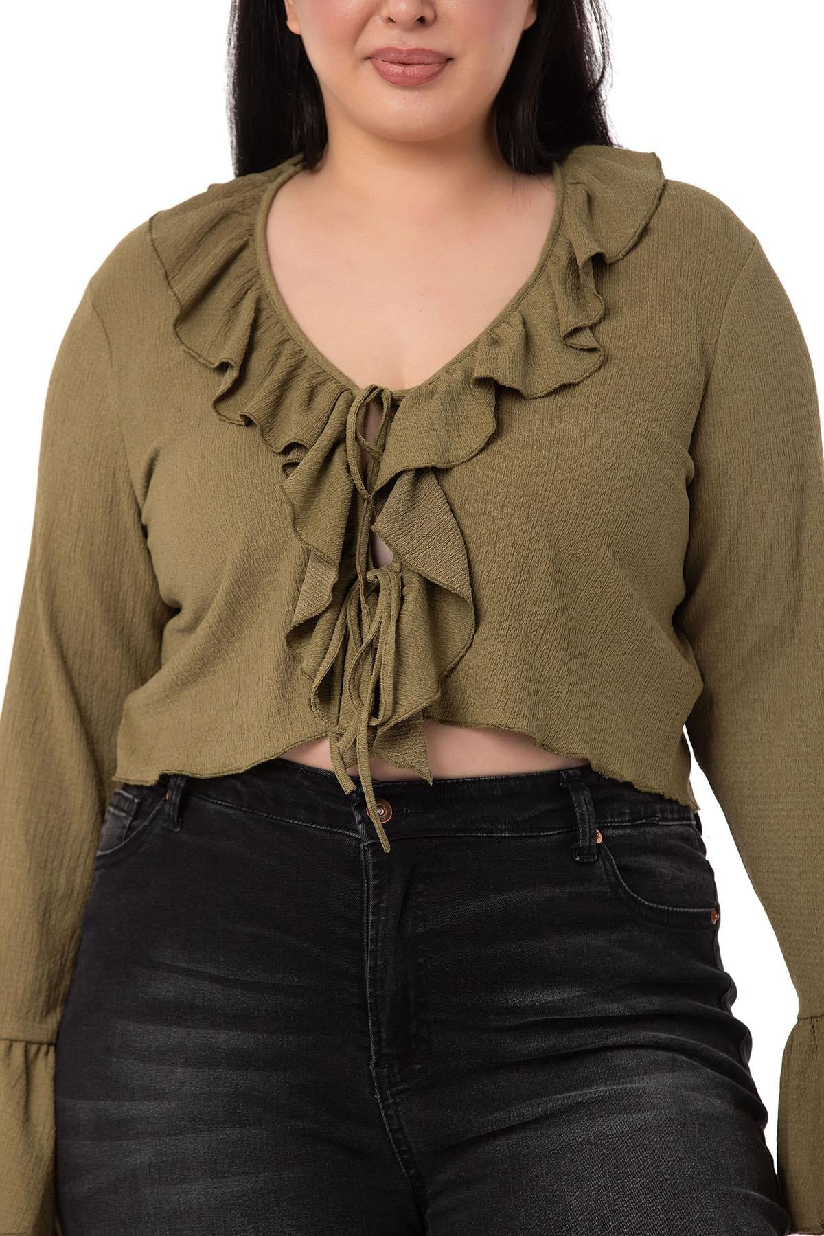 Plus Size Khaki Bolero with Frill Detail on Collar and Sleeves