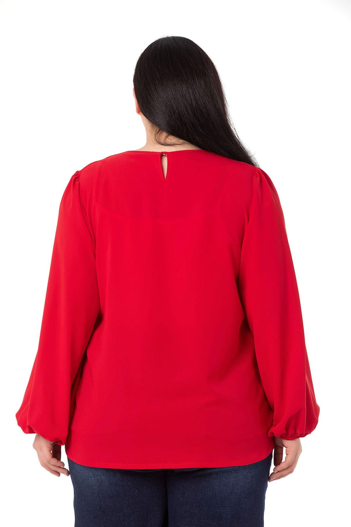 Plus Size Red Blouse with Elastic Cuff and Chain Detailed Collar