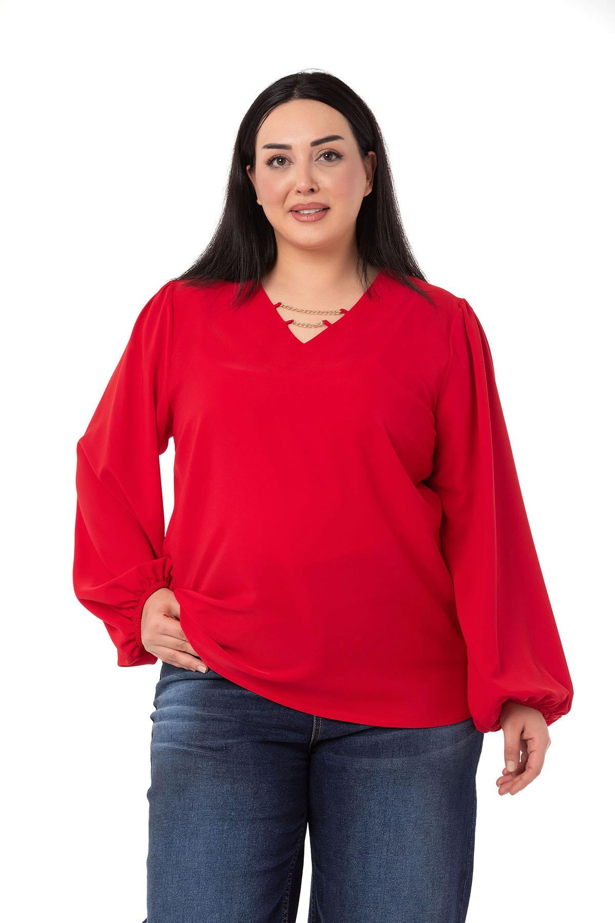 Plus Size Red Blouse with Elastic Cuff and Chain Detailed Collar