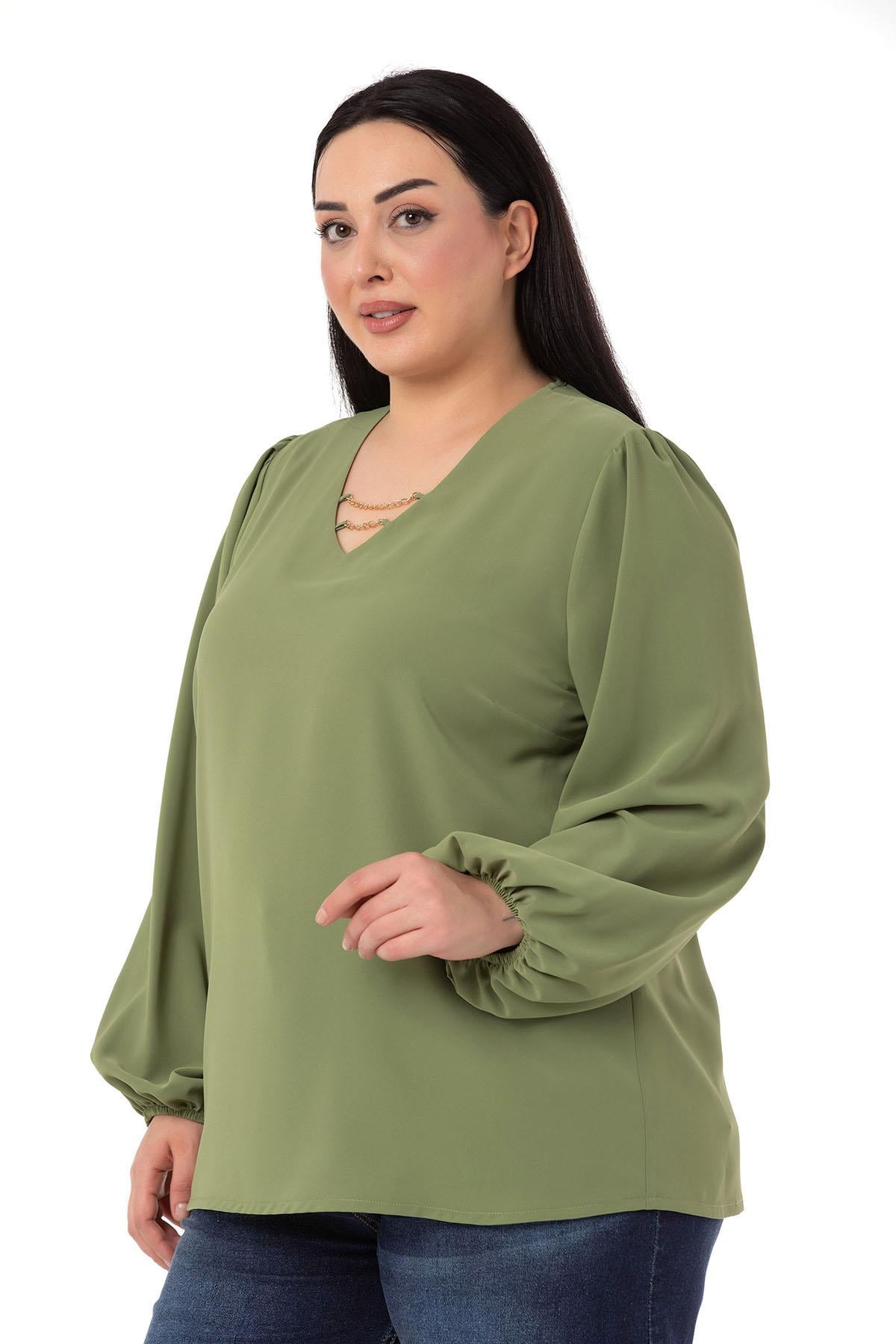 Plus Size Pistachio Blouse with Elastic Cuff and Chain Detailed Collar