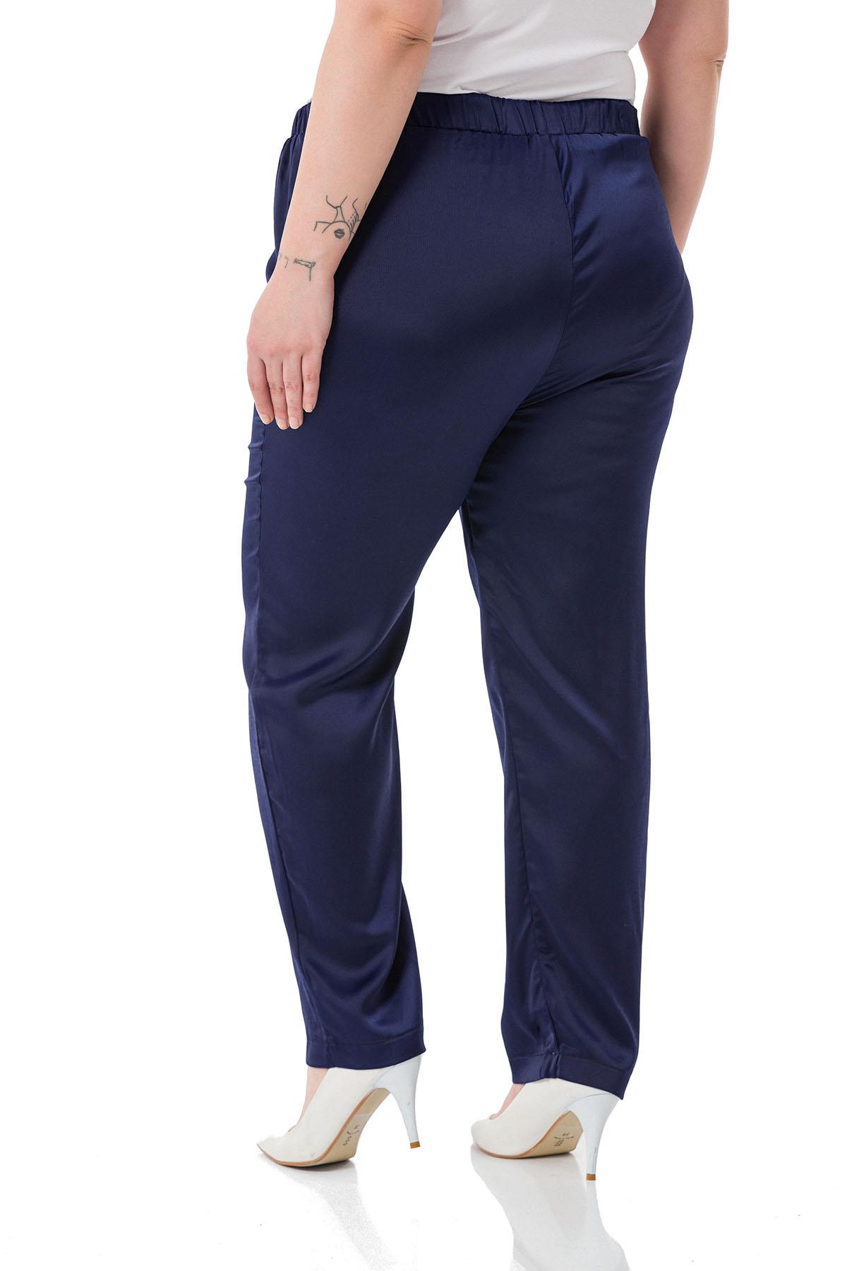 Plus Size Satin Navy Blue Trousers with Elastic Side and Back Pockets