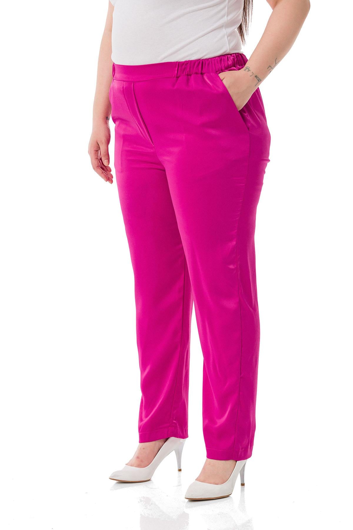 Plus Size Satin Fuchsia Trousers with Elastic Side and Back Pockets
