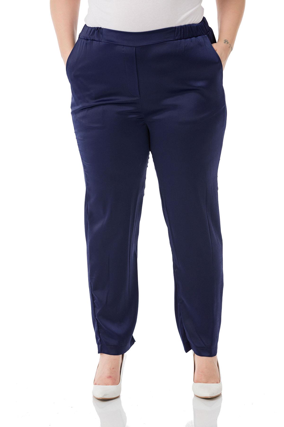 Plus Size Satin Navy Blue Trousers with Elastic Side and Back Pockets