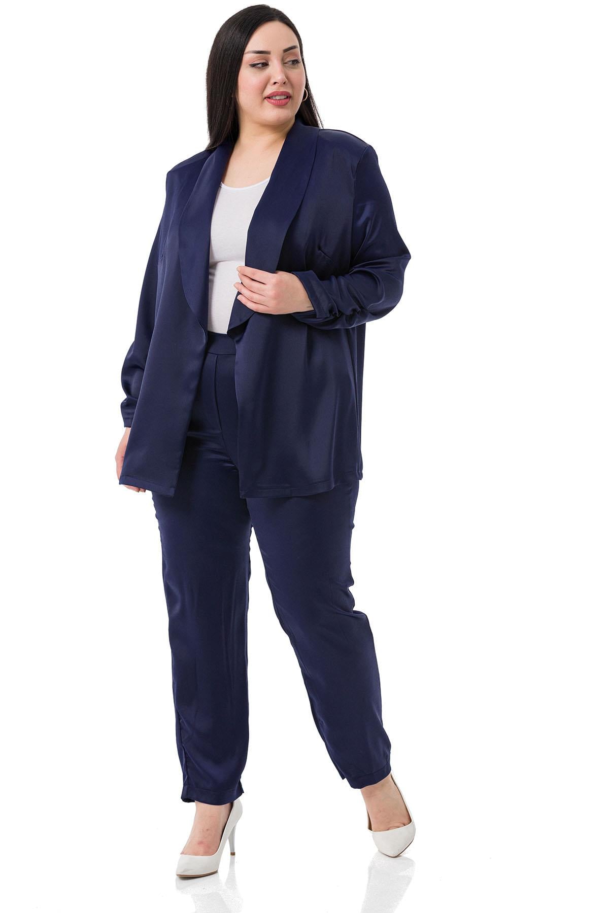 Plus Size Satin Navy Blue Trousers with Elastic Side and Back Pockets