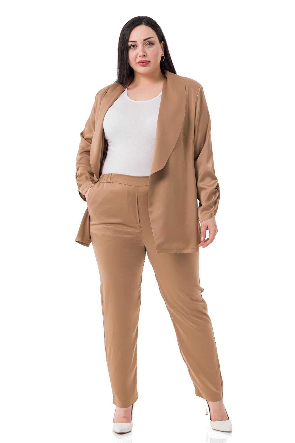 Plus Size Mink Satin Trousers with Side and Back Elastic Pockets