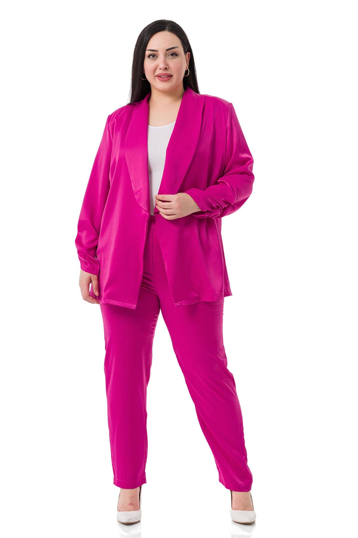 Plus Size Satin Fuchsia Trousers with Elastic Side and Back Pockets