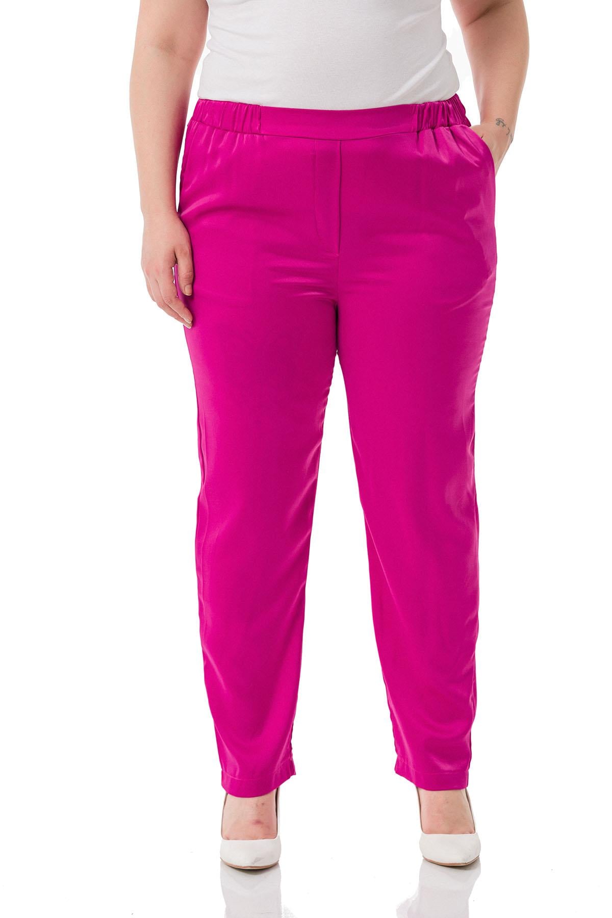 Plus Size Satin Fuchsia Trousers with Elastic Side and Back Pockets