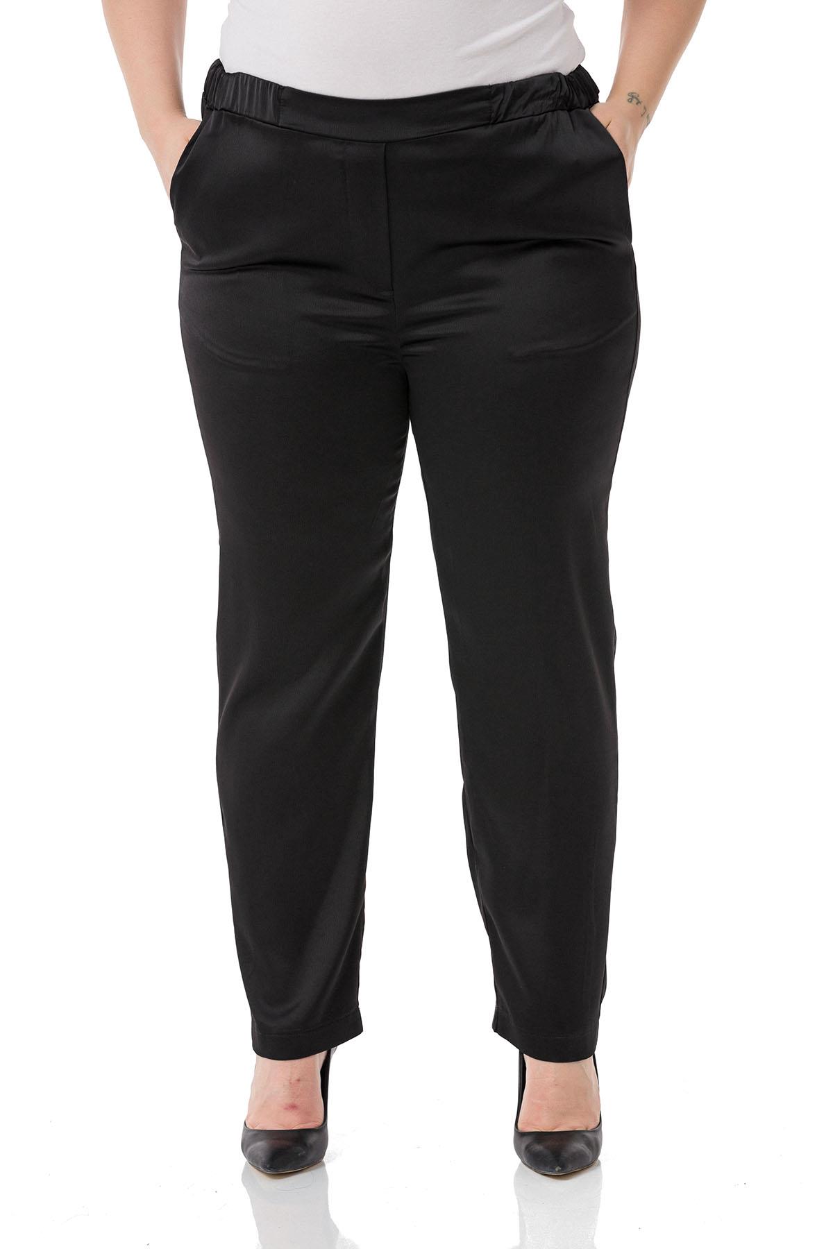 Plus Size Black Satin Trousers with Side and Back Elastic Pockets