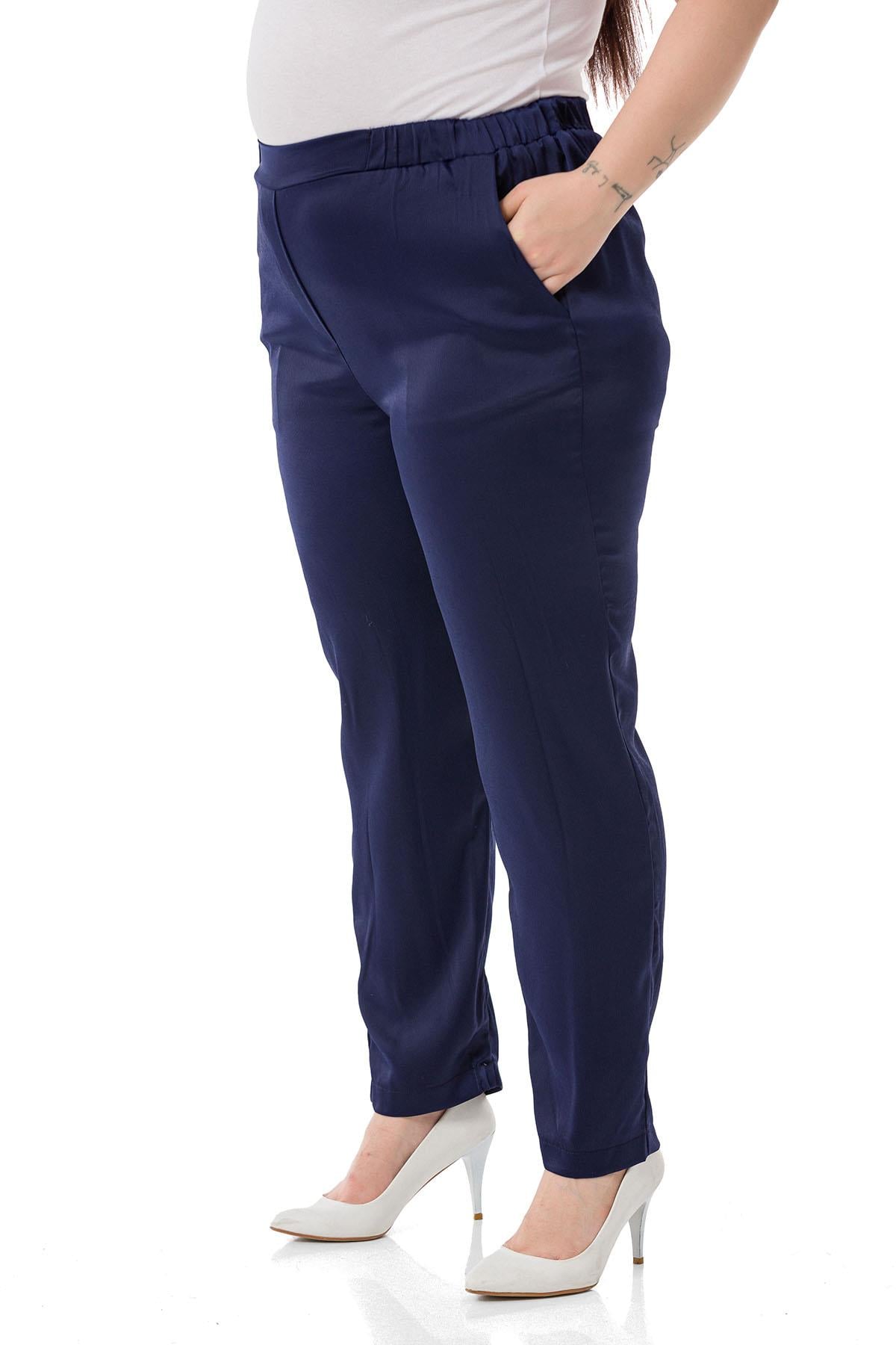 Plus Size Satin Navy Blue Trousers with Elastic Side and Back Pockets