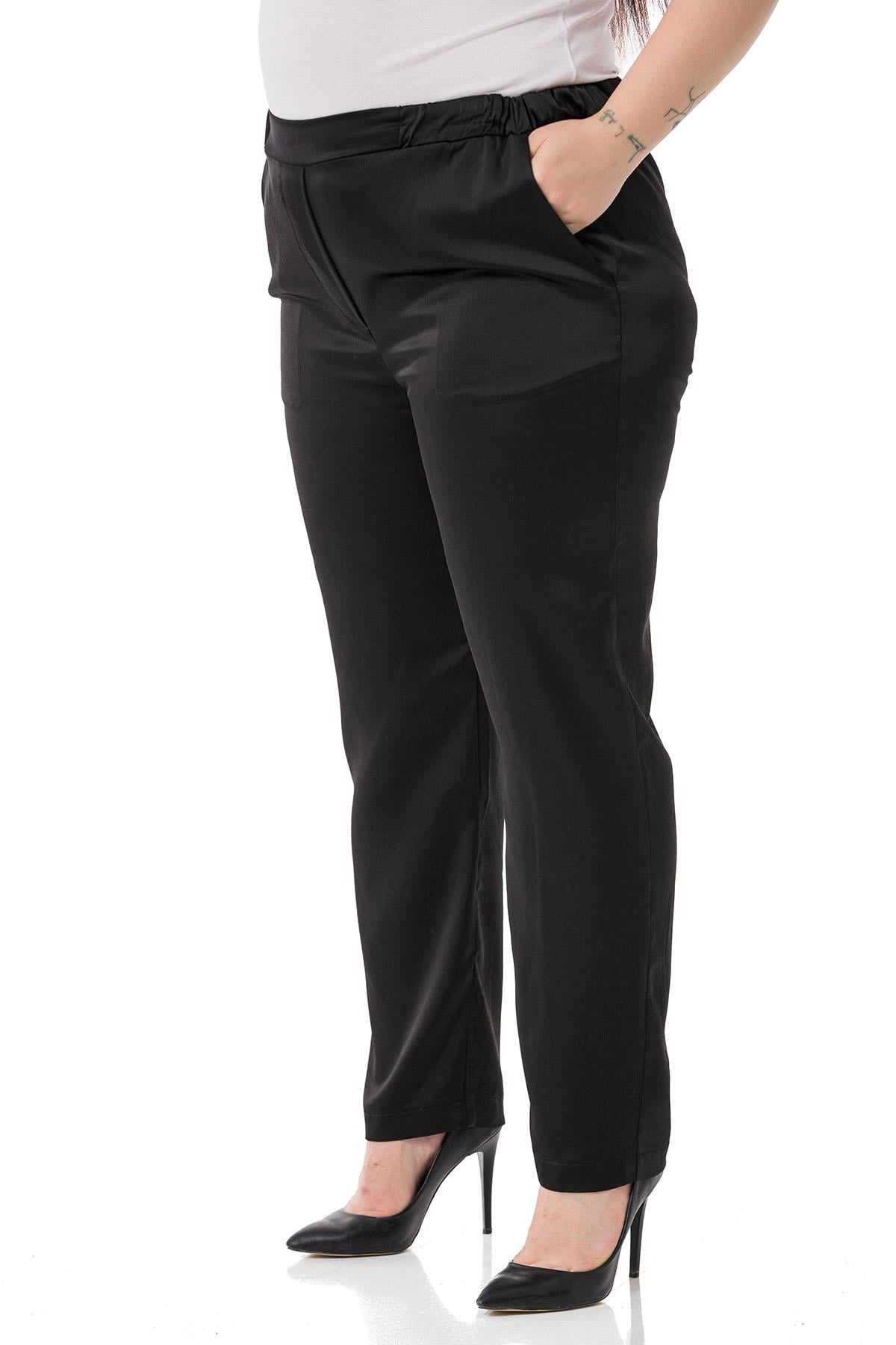Plus Size Black Satin Trousers with Side and Back Elastic Pockets