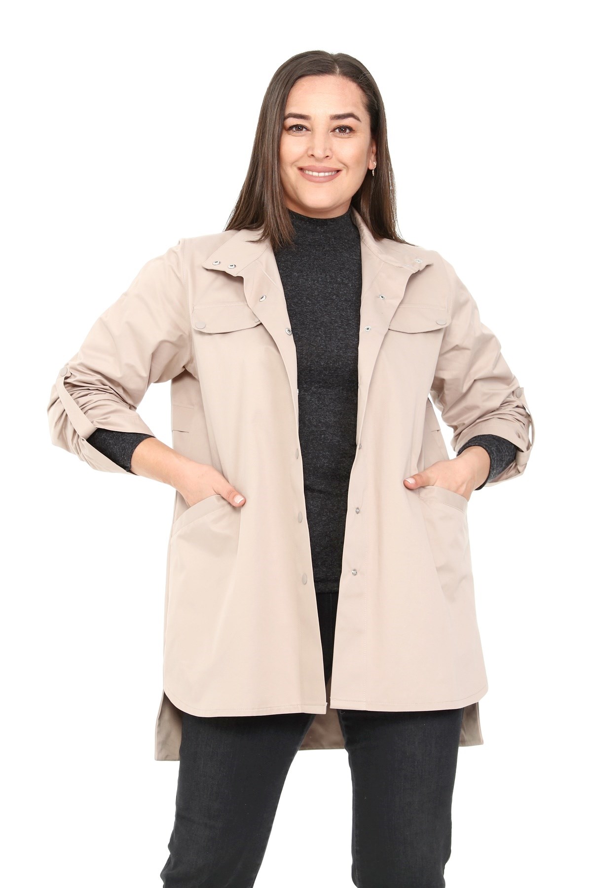 Plus Size Stone Trench Coat with Slits on the Sides and Folded Sleeves