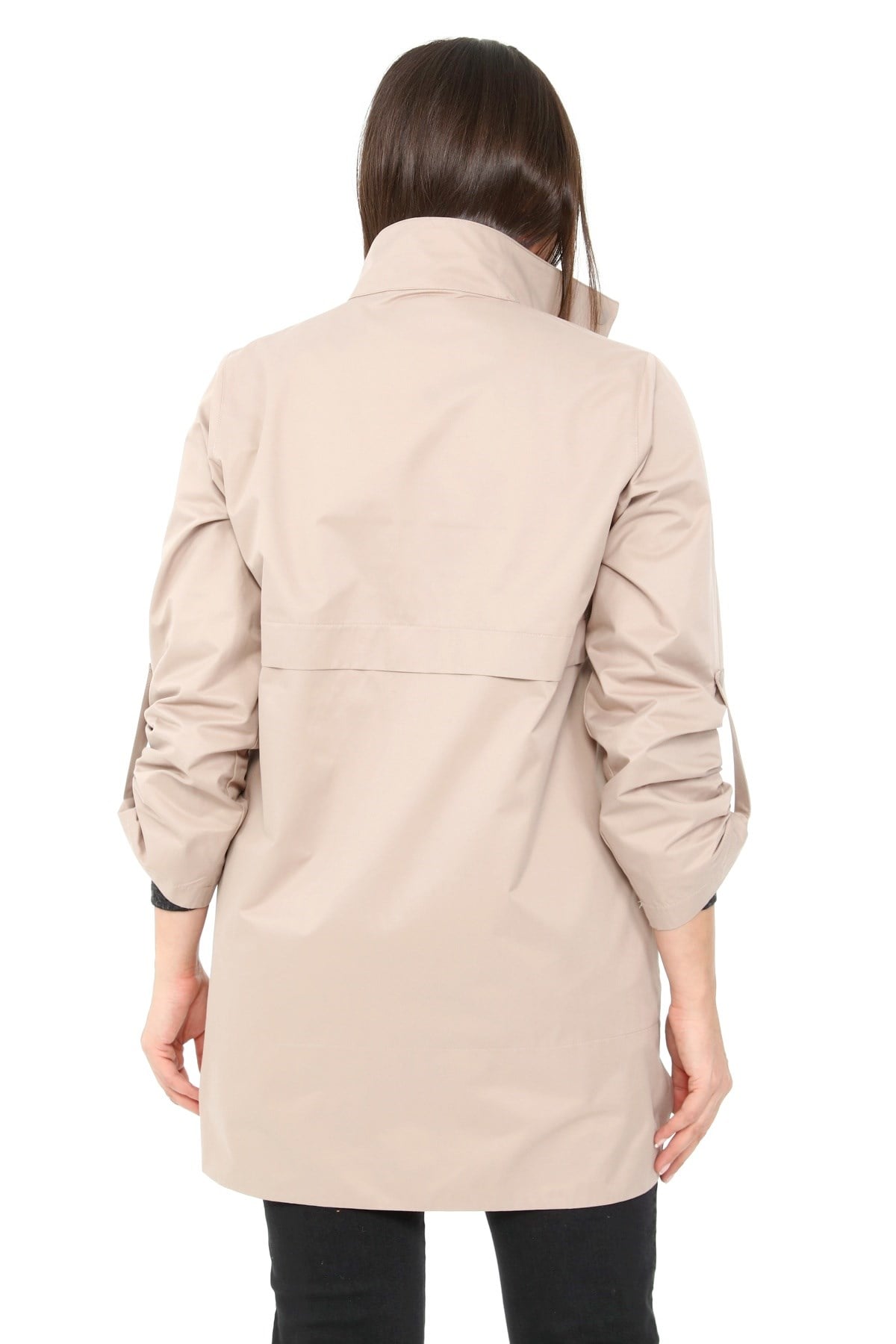 Plus Size Stone Trench Coat with Slits on the Sides and Folded Sleeves