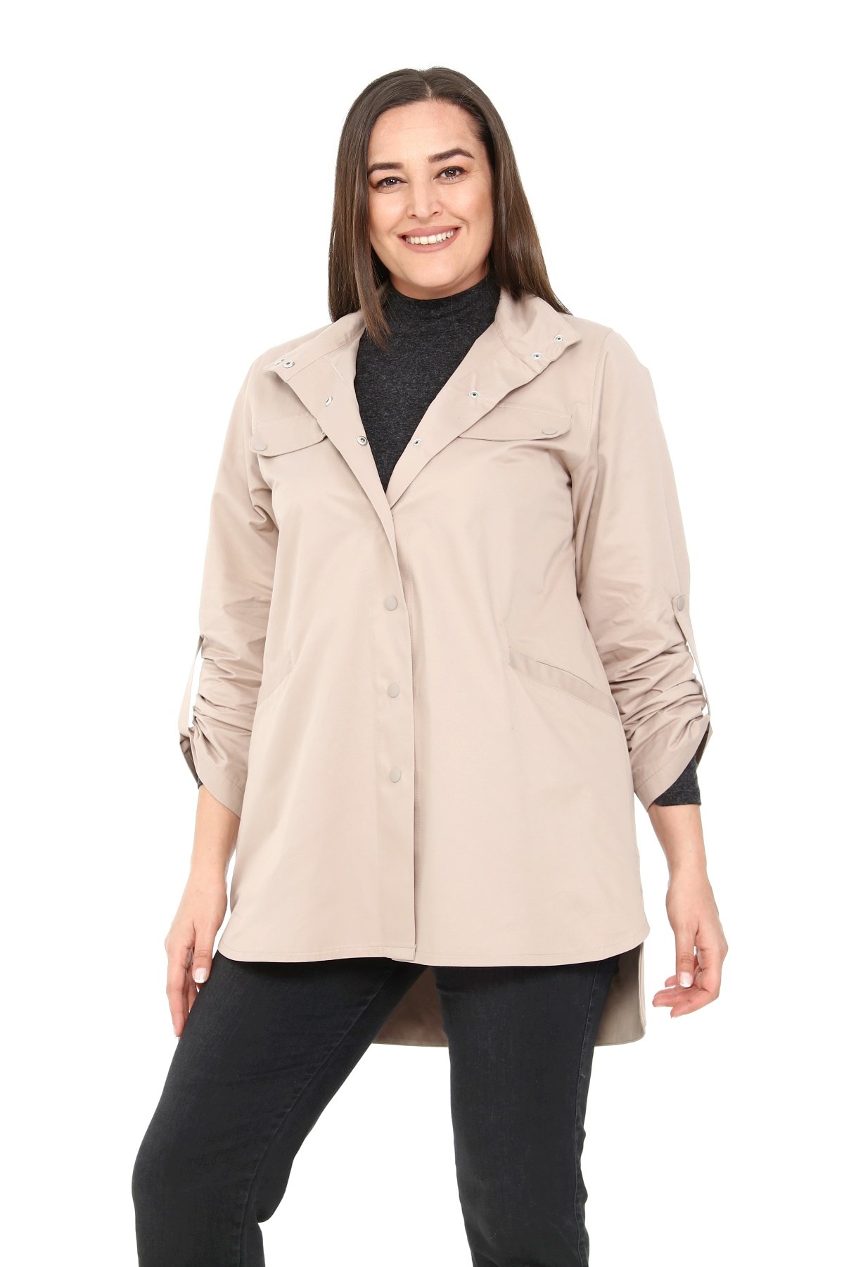 Plus Size Stone Trench Coat with Slits on the Sides and Folded Sleeves