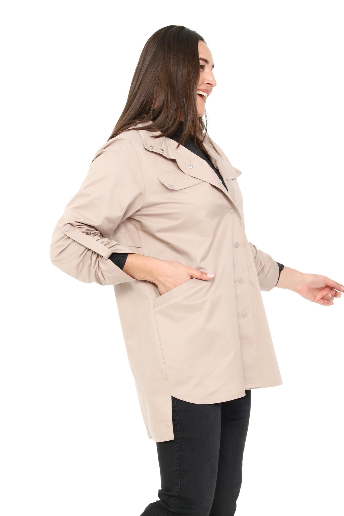 Plus Size Stone Trench Coat with Slits on the Sides and Folded Sleeves