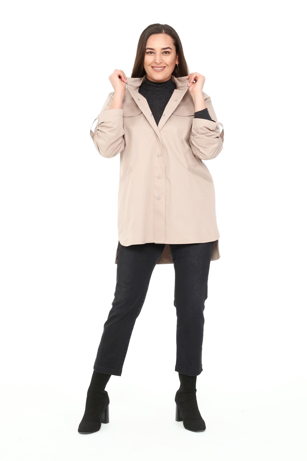 Plus Size Stone Trench Coat with Slits on the Sides and Folded Sleeves