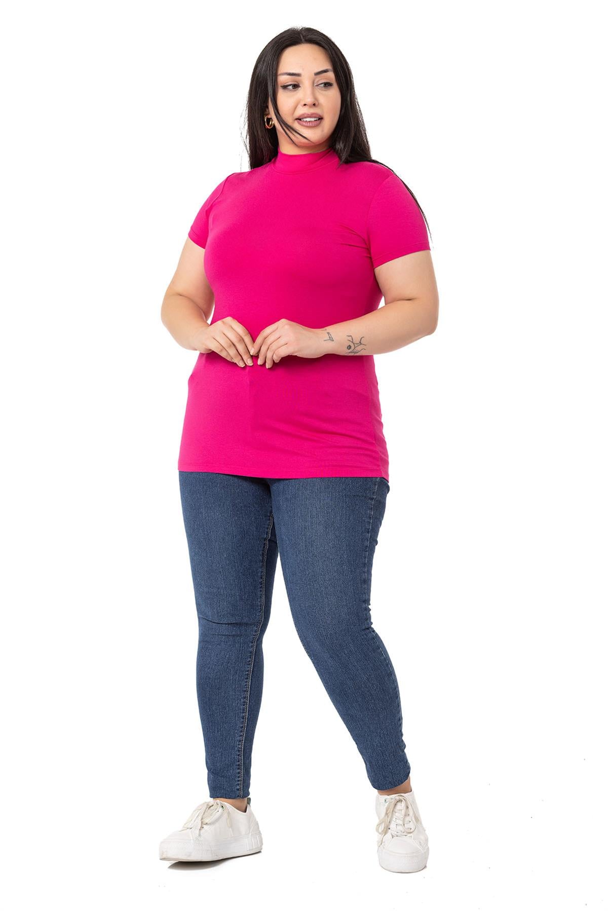 Büyük Beden Yarım Balıkçı Kısa Kollu Viskon Fuşya Body