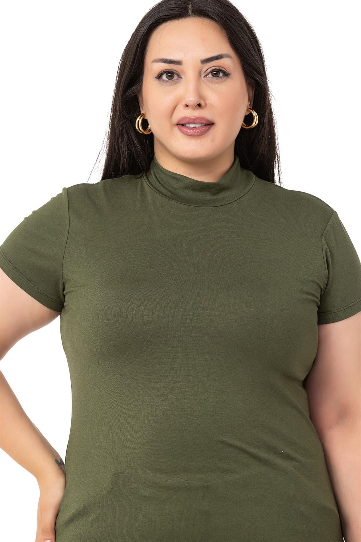 Büyük Beden Yarım Balıkçı Kısa Kollu Viskon Haki Body