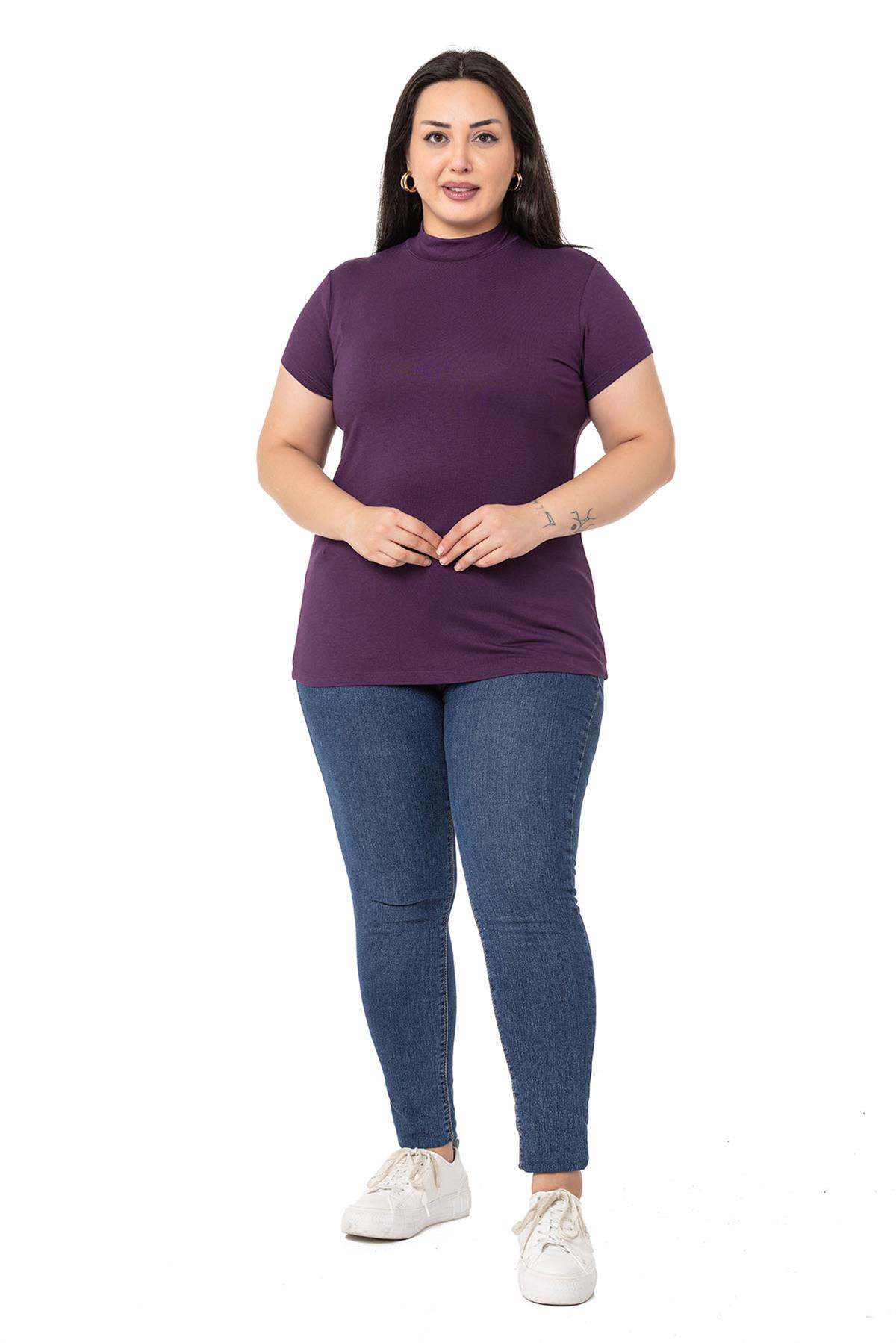 Büyük Beden Yarım Balıkçı Kısa Kollu Viskon Mürdüm Body