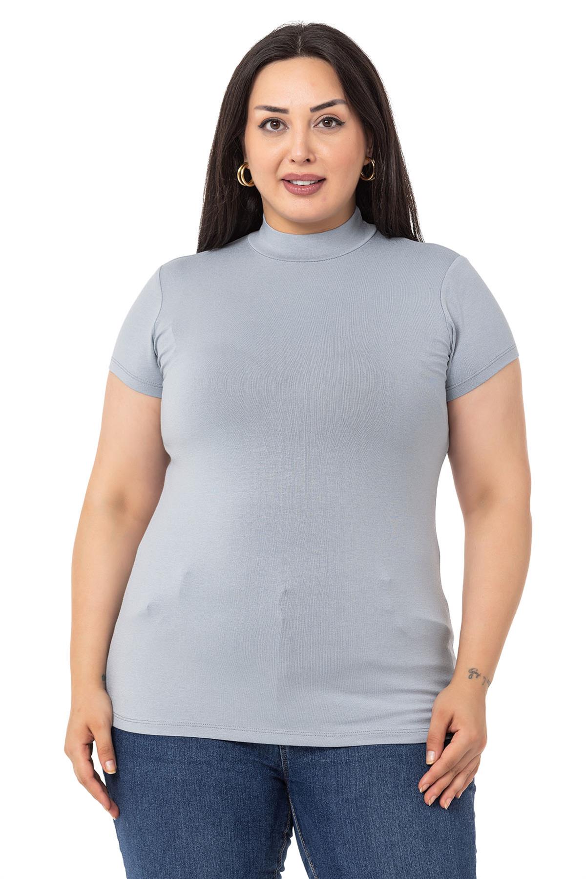 Büyük Beden Yarım Balıkçı Kısa Kollu Viskon Açık Gri Body