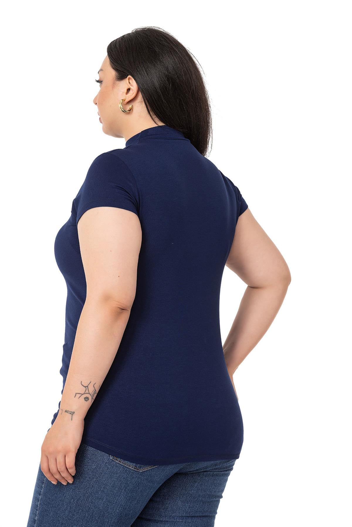 Büyük Beden Yarım Balıkçı Kısa Kollu Viskon Lacivert Body