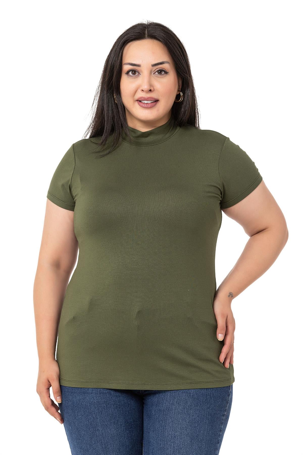 Büyük Beden Yarım Balıkçı Kısa Kollu Viskon Haki Body