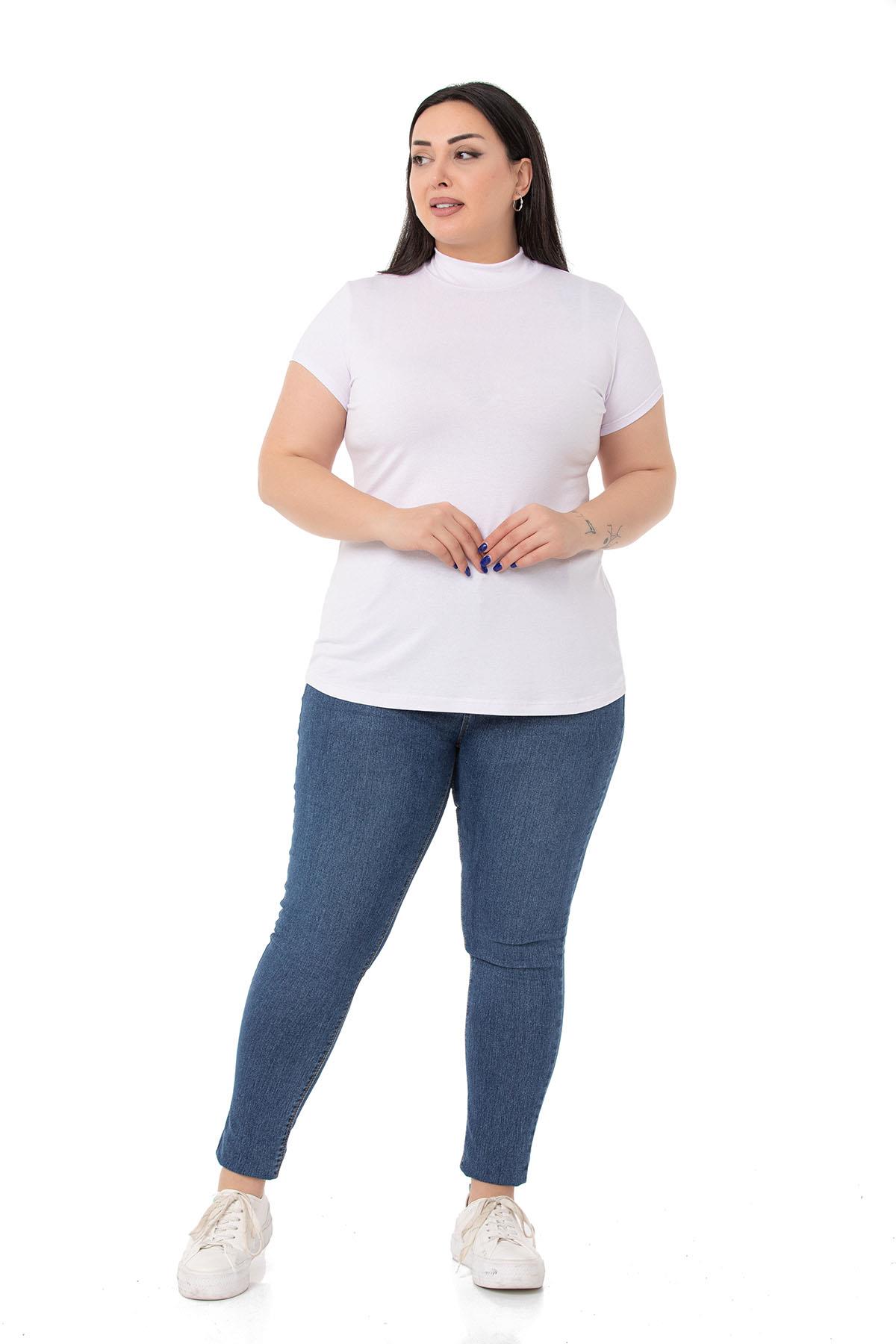 Büyük Beden Yarım Balıkçı Kısa Kollu Viskon Beyaz Body