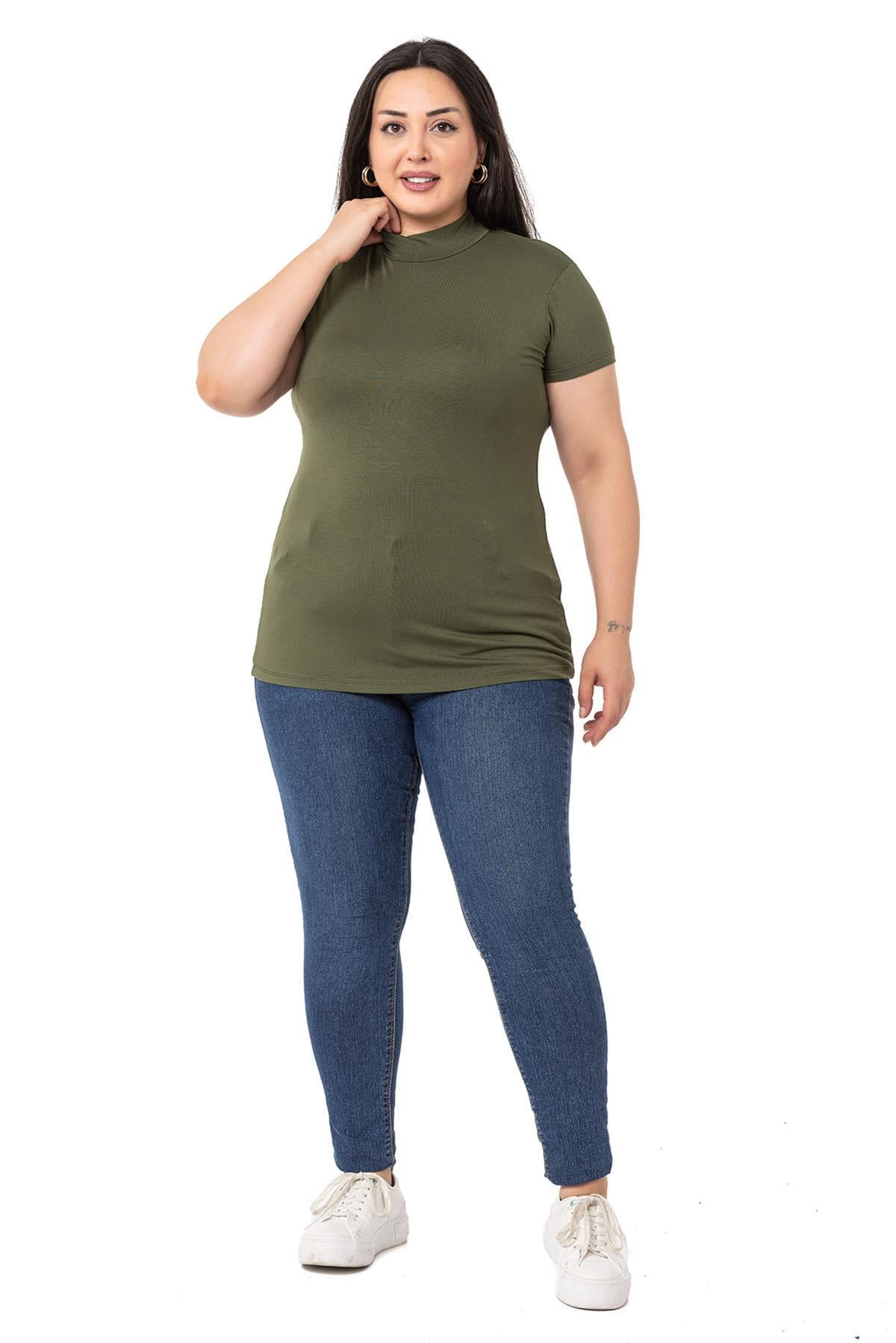Büyük Beden Yarım Balıkçı Kısa Kollu Viskon Haki Body