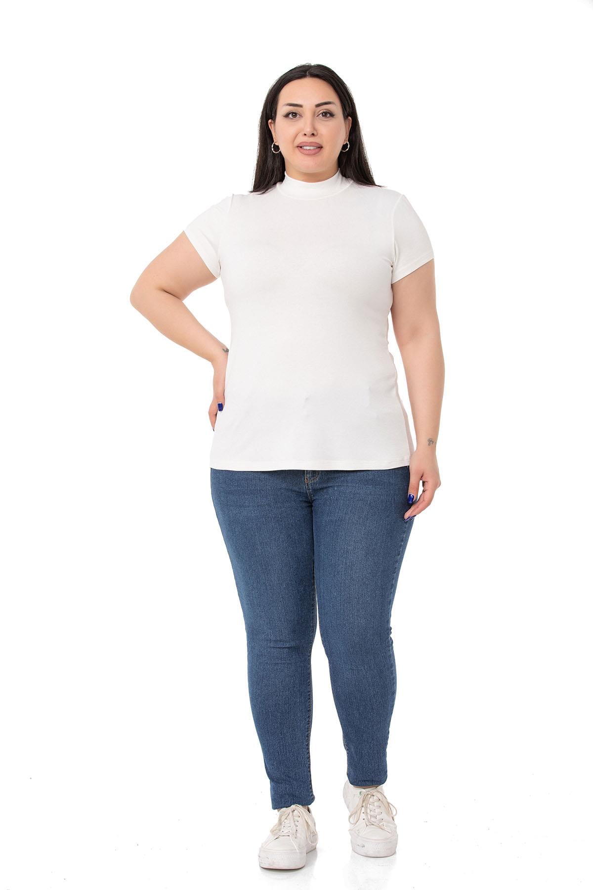 Büyük Beden Yarım Balıkçı Kısa Kollu Viskon Ekru Body