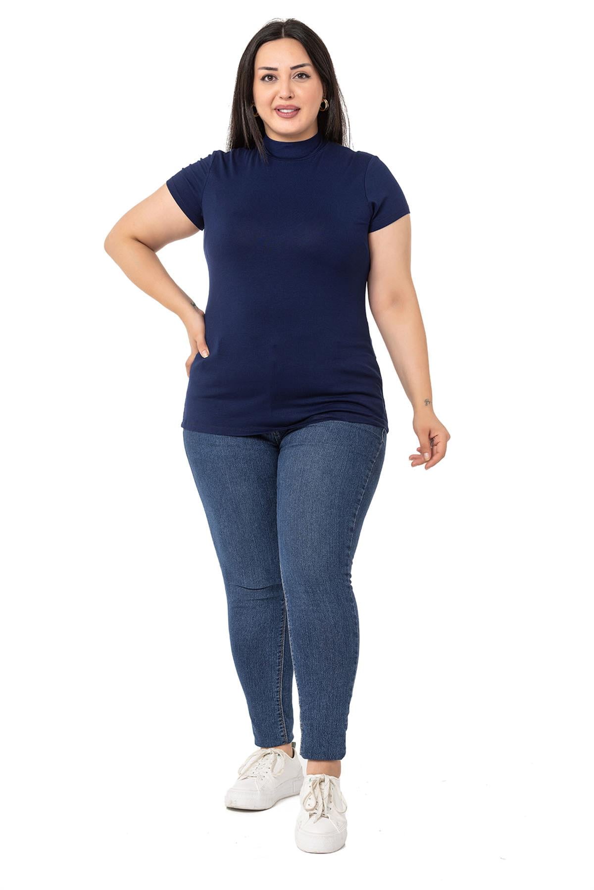 Büyük Beden Yarım Balıkçı Kısa Kollu Viskon Lacivert Body