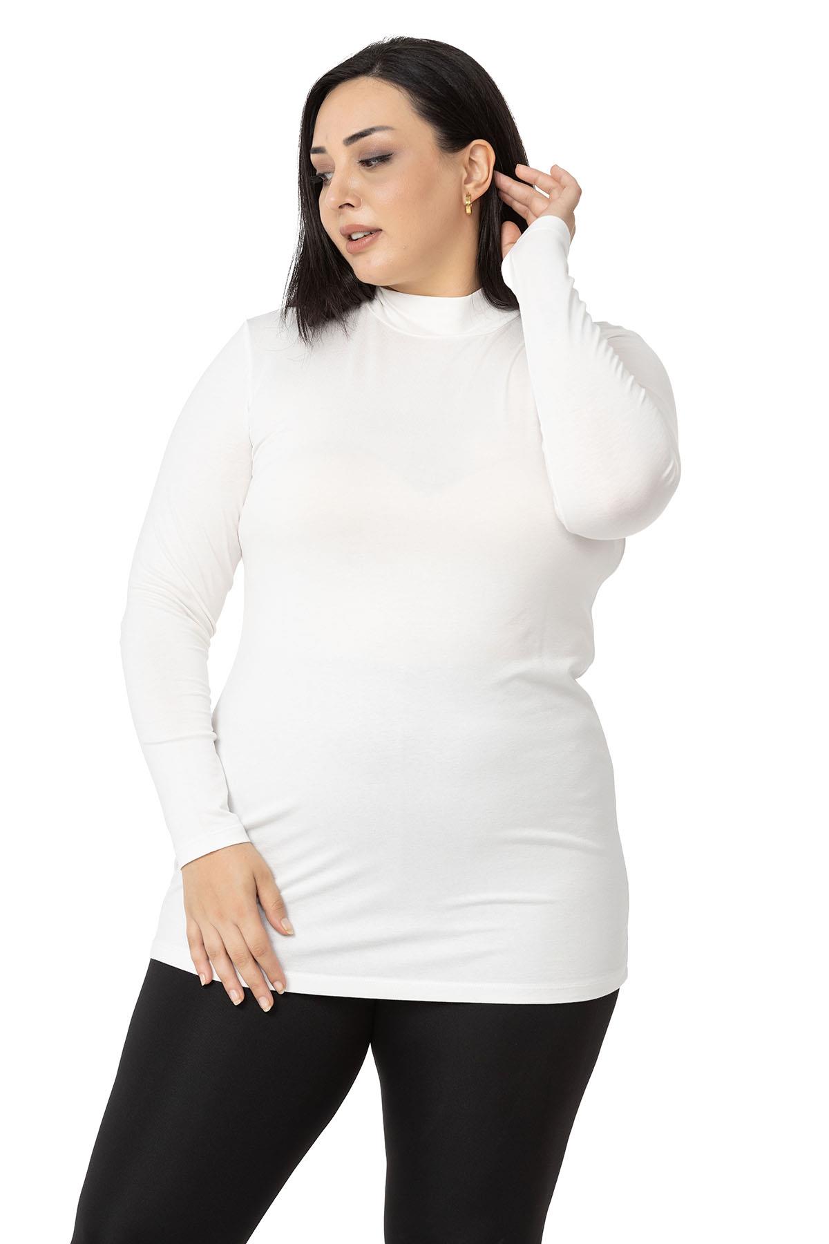 Büyük Beden Yarım Balıkçı Uzun Kollu Viskon Ekru Body
