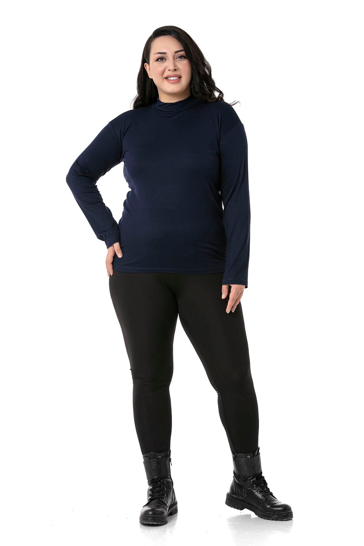 Büyük Beden Yarım Balıkçı Uzun Kollu Viskon Lacivert Body