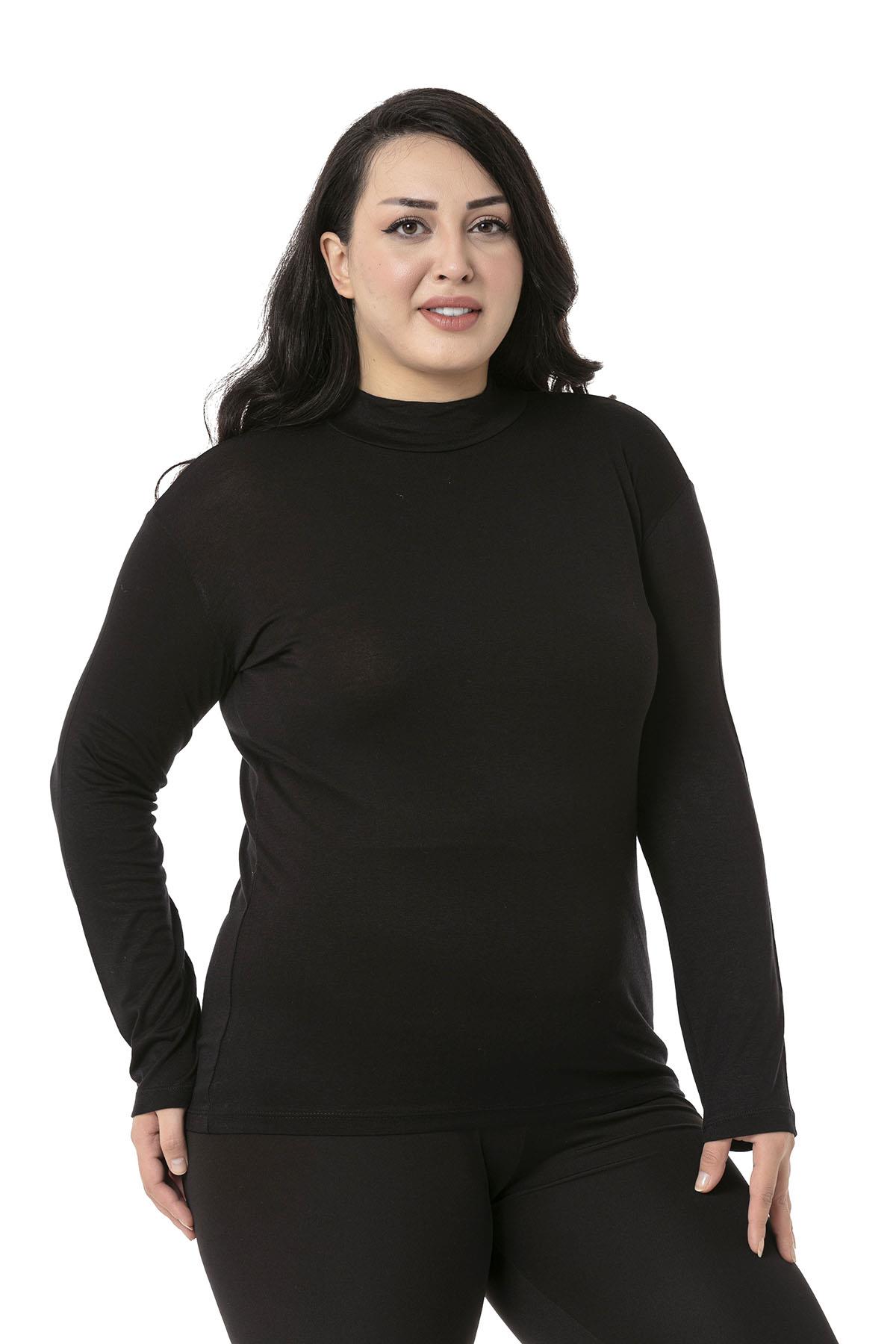 Büyük Beden Yarım Balıkçı Uzun Kollu Viskon Siyah Body