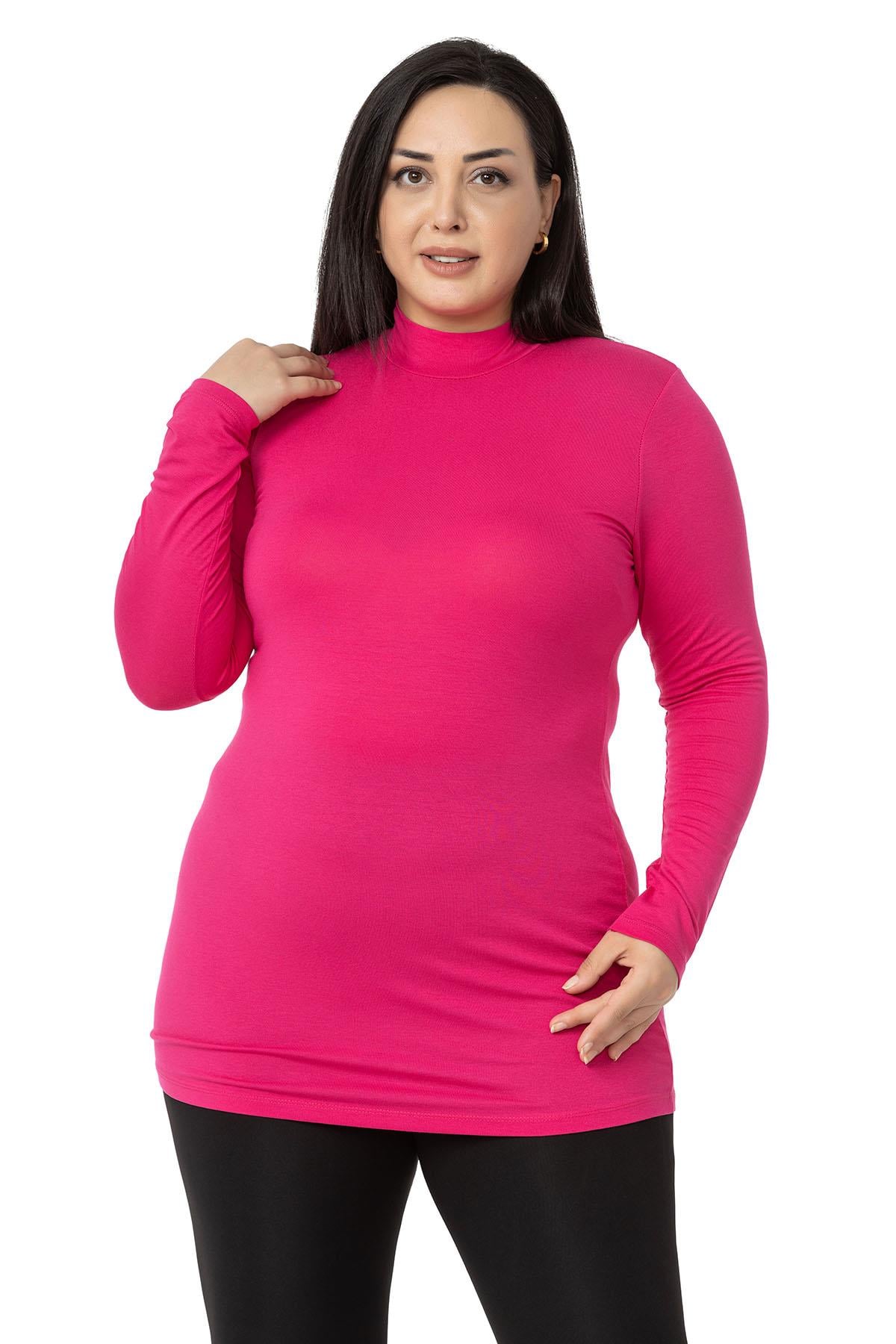 Büyük Beden Yarım Balıkçı Uzun Kollu Viskon Fuşya Body
