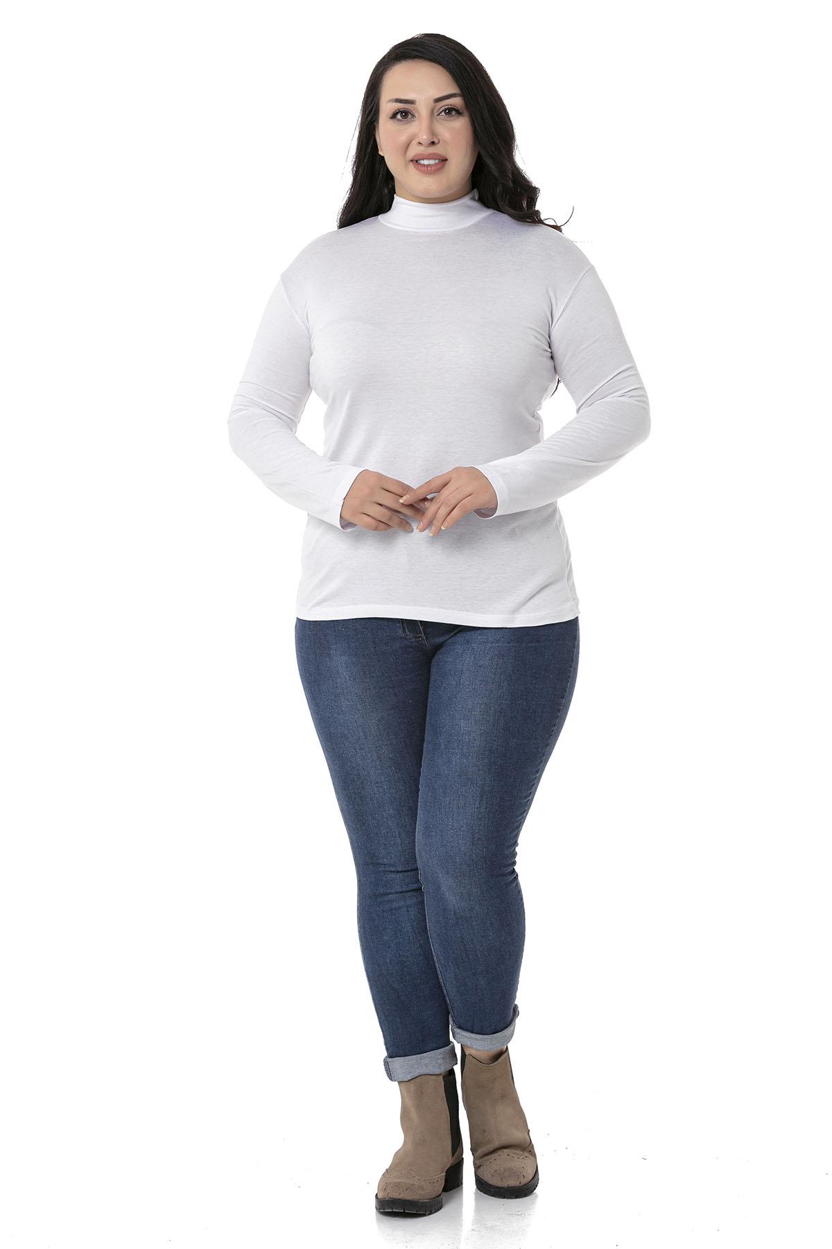 Büyük Beden Yarım Balıkçı Uzun Kollu Viskon Beyaz Body