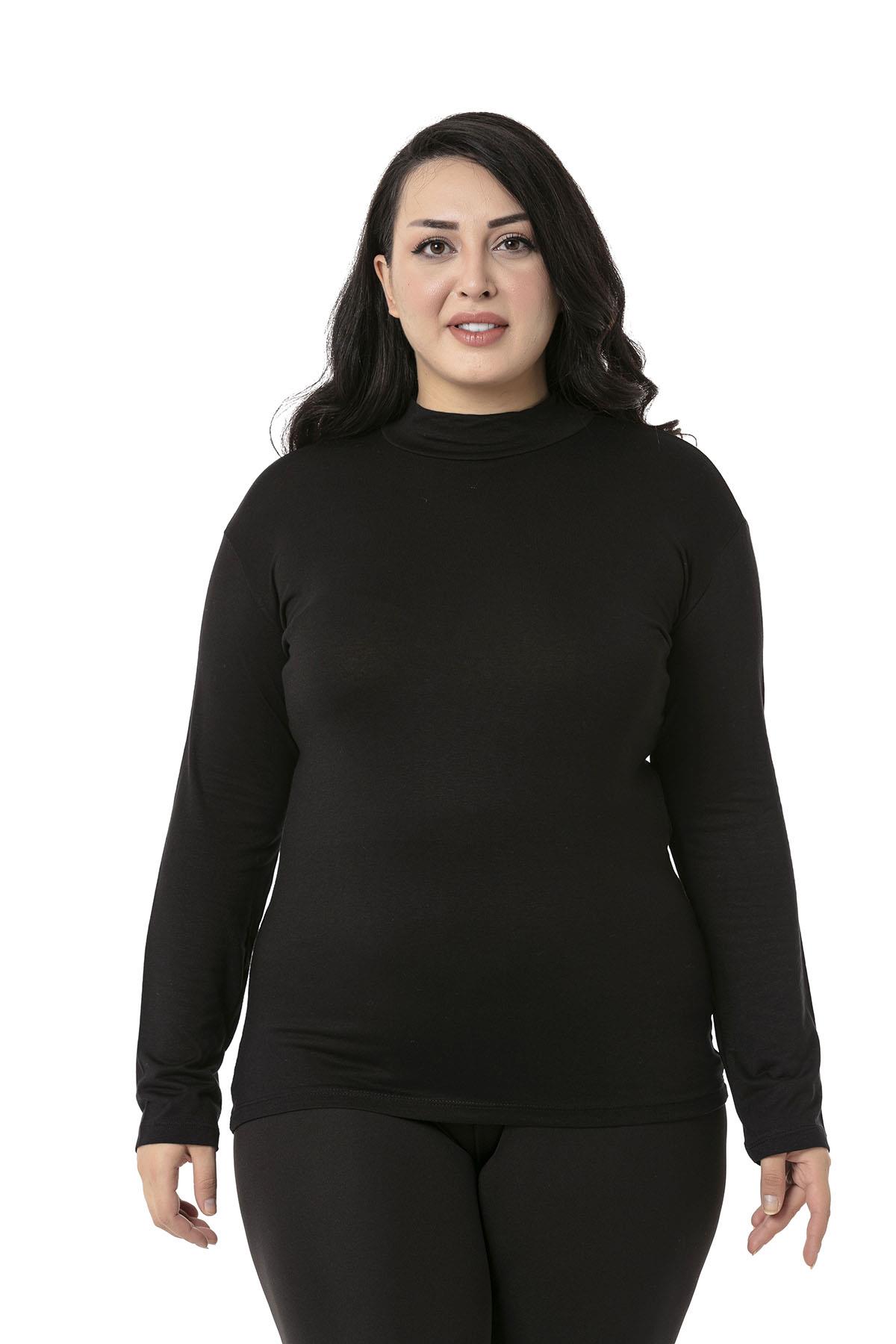 Büyük Beden Yarım Balıkçı Uzun Kollu Viskon Siyah Body