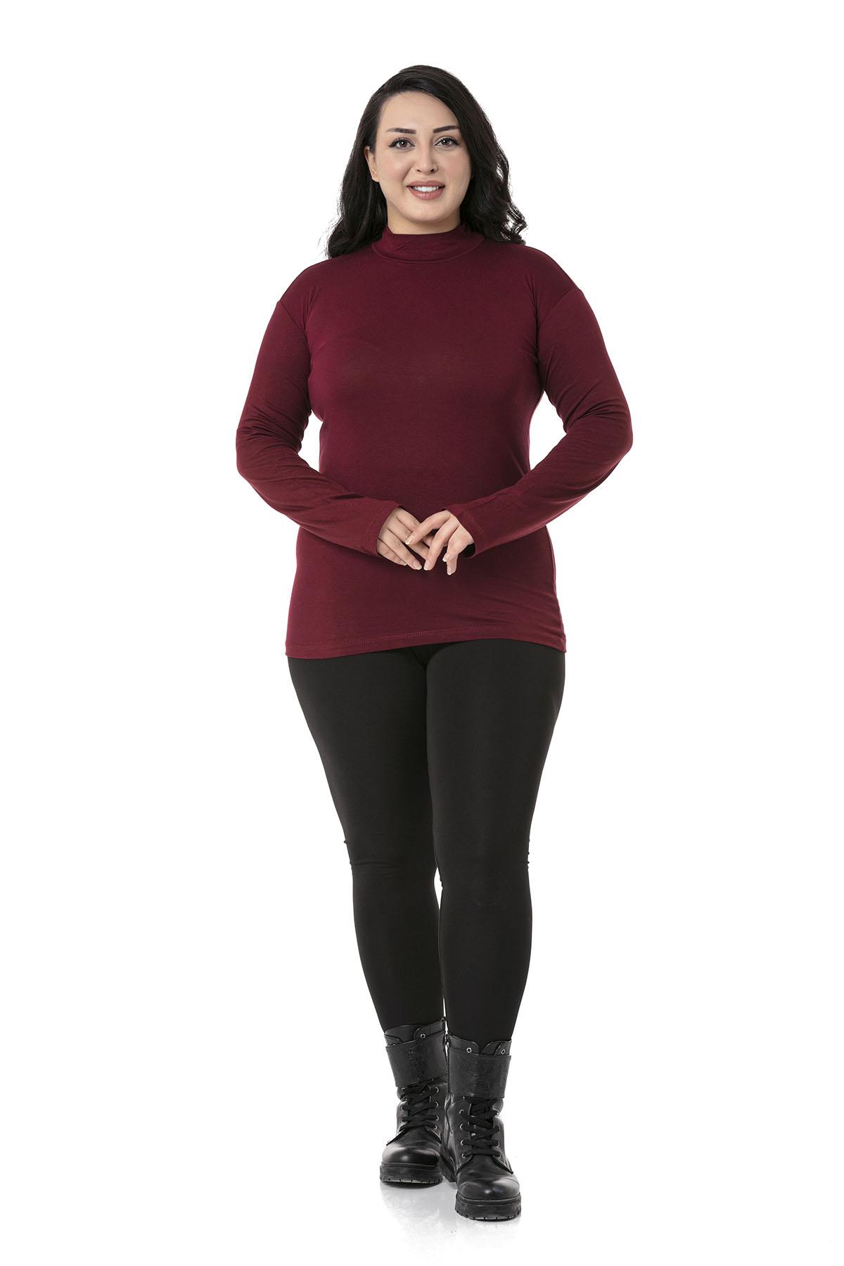 Büyük Beden Yarım Balıkçı Uzun Kollu Viskon Bordo Body