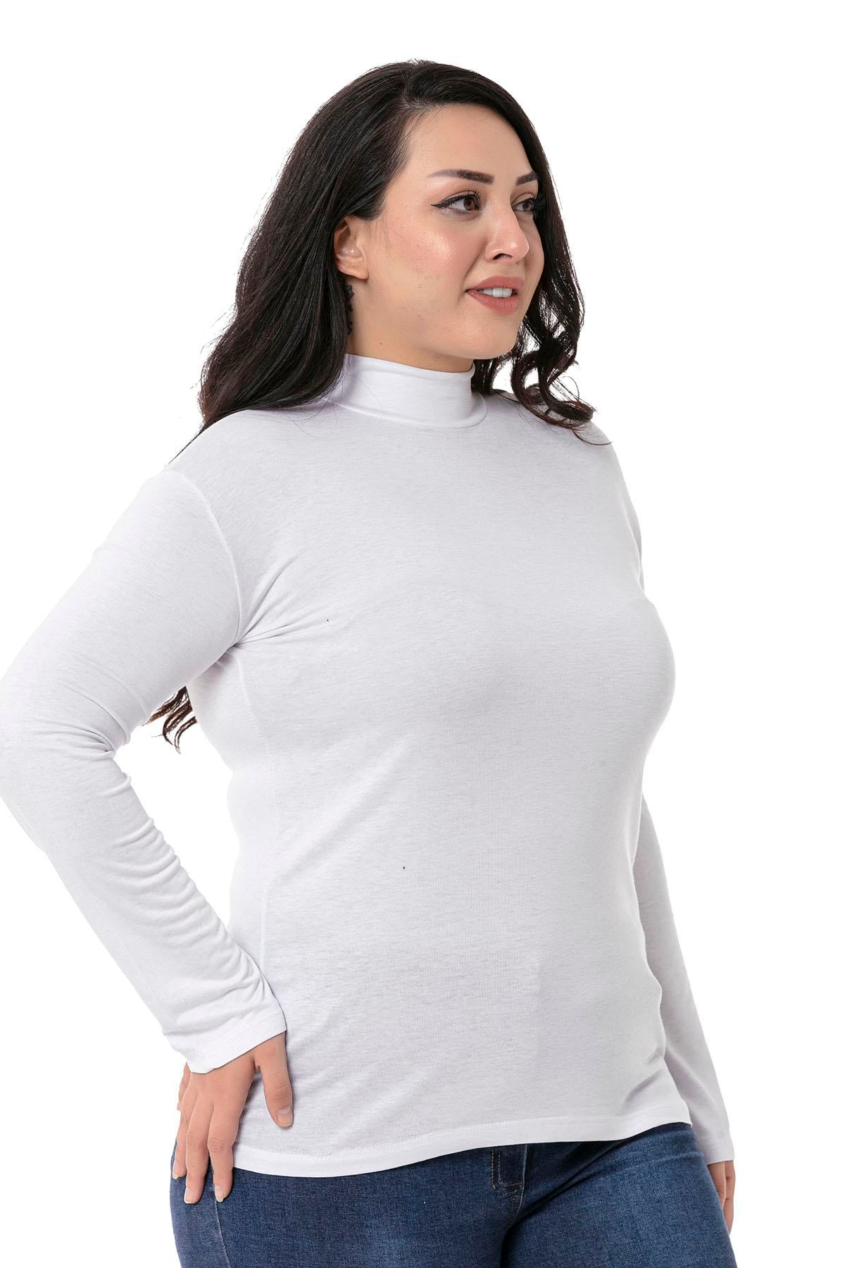 Büyük Beden Yarım Balıkçı Uzun Kollu Viskon Beyaz Body