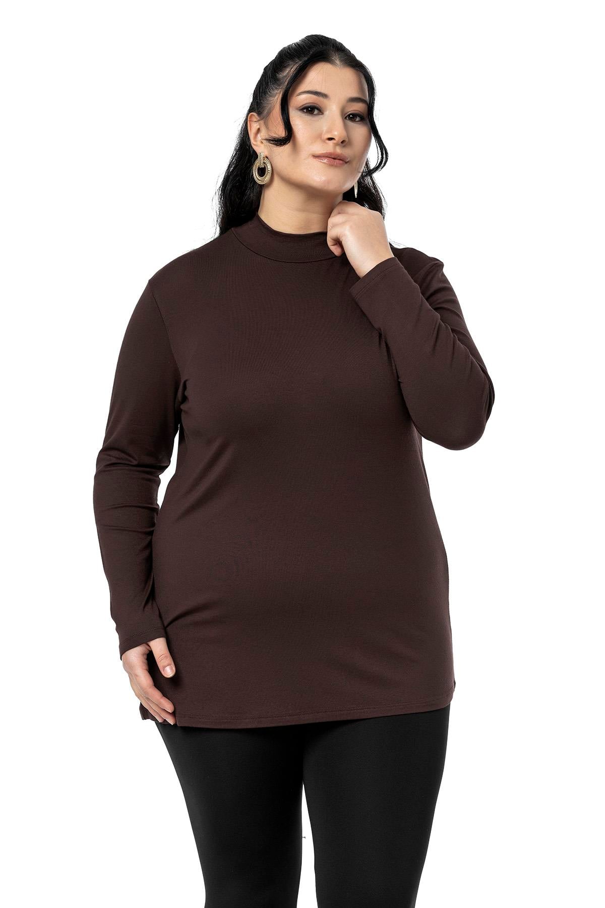 Büyük Beden Yarım Balıkçı Uzun Kollu Viskon Kahverengi Body