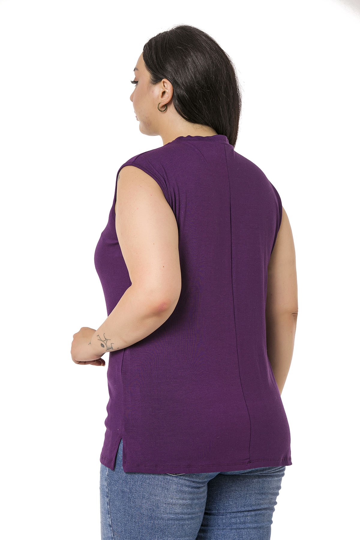 Büyük Beden Yarım Balıkçı Yanları Yırtmaçlı Uzun Viskon Mürdüm Body