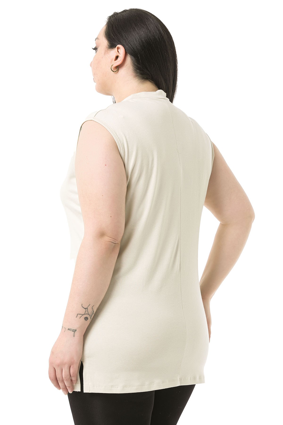 Büyük Beden Yarım Balıkçı Yanları Yırtmaçlı Uzun Viskon Bej Body