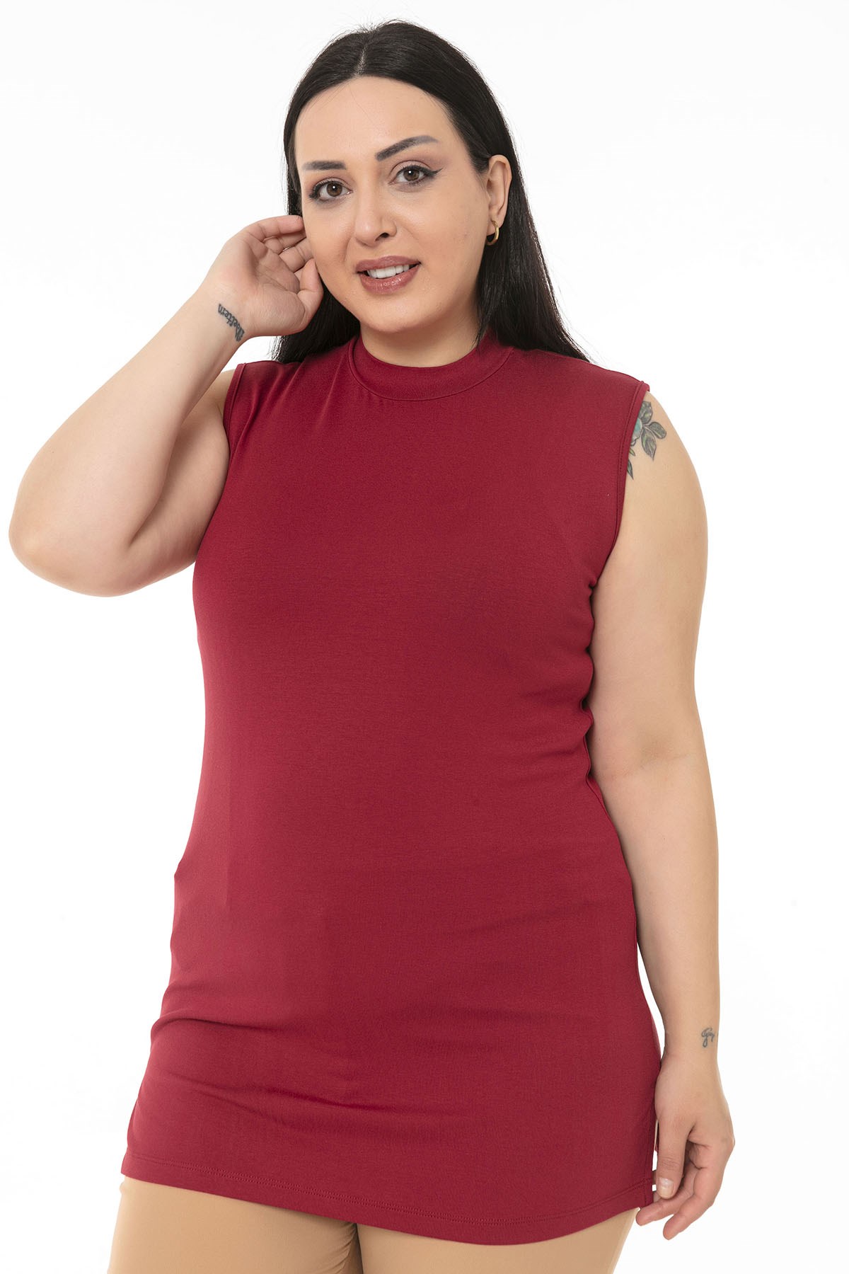 Büyük Beden Yarım Balıkçı Yanları Yırtmaçlı Uzun Viskon Bordo Body
