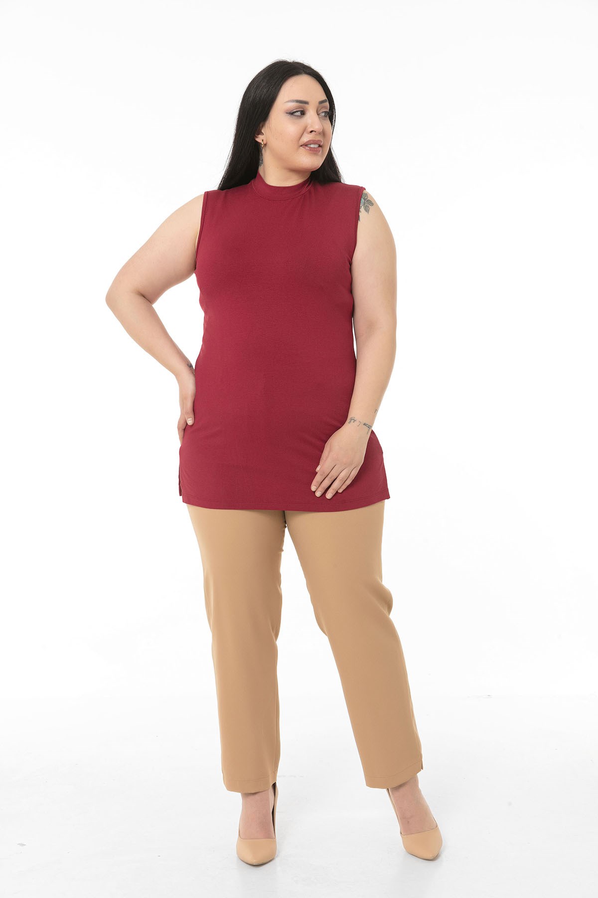 Büyük Beden Yarım Balıkçı Yanları Yırtmaçlı Uzun Viskon Bordo Body