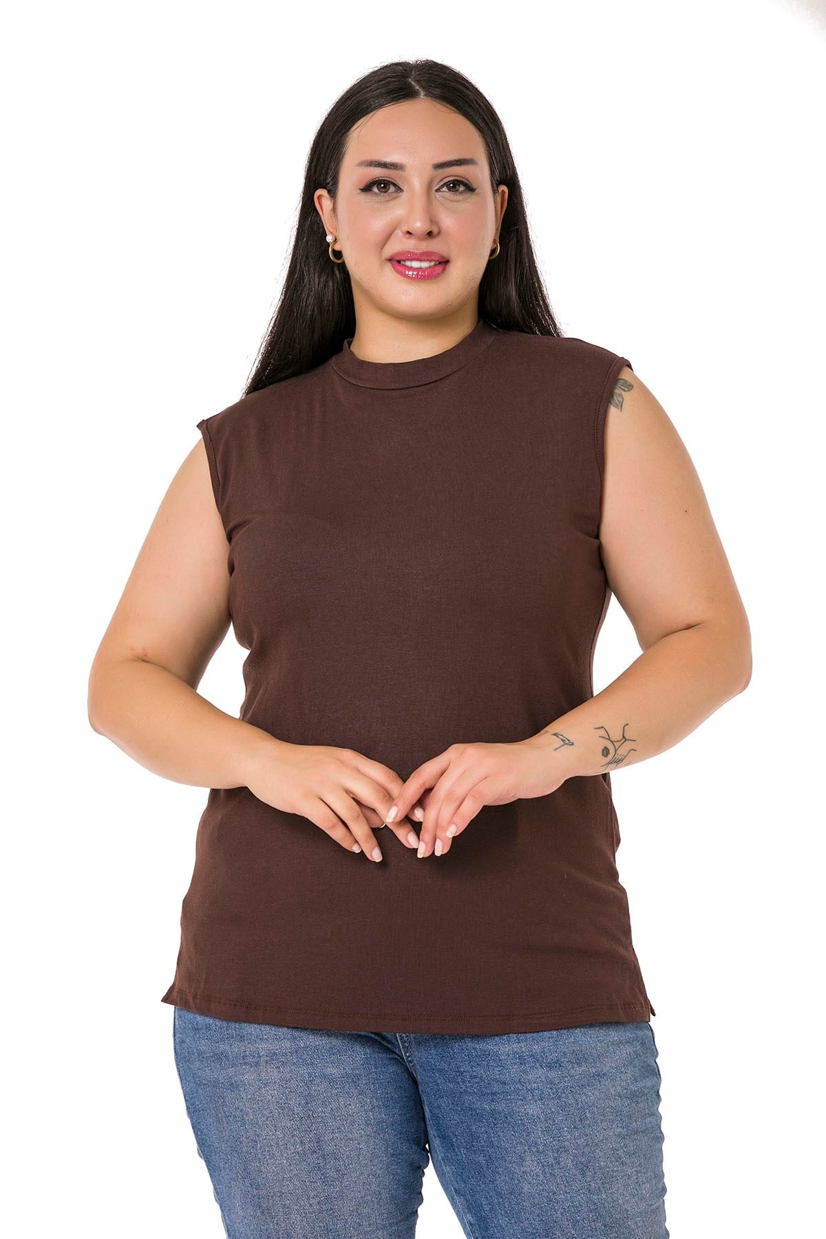 Büyük Beden Yarım Balıkçı Yanları Yırtmaçlı Uzun Viskon Kahverengi Body