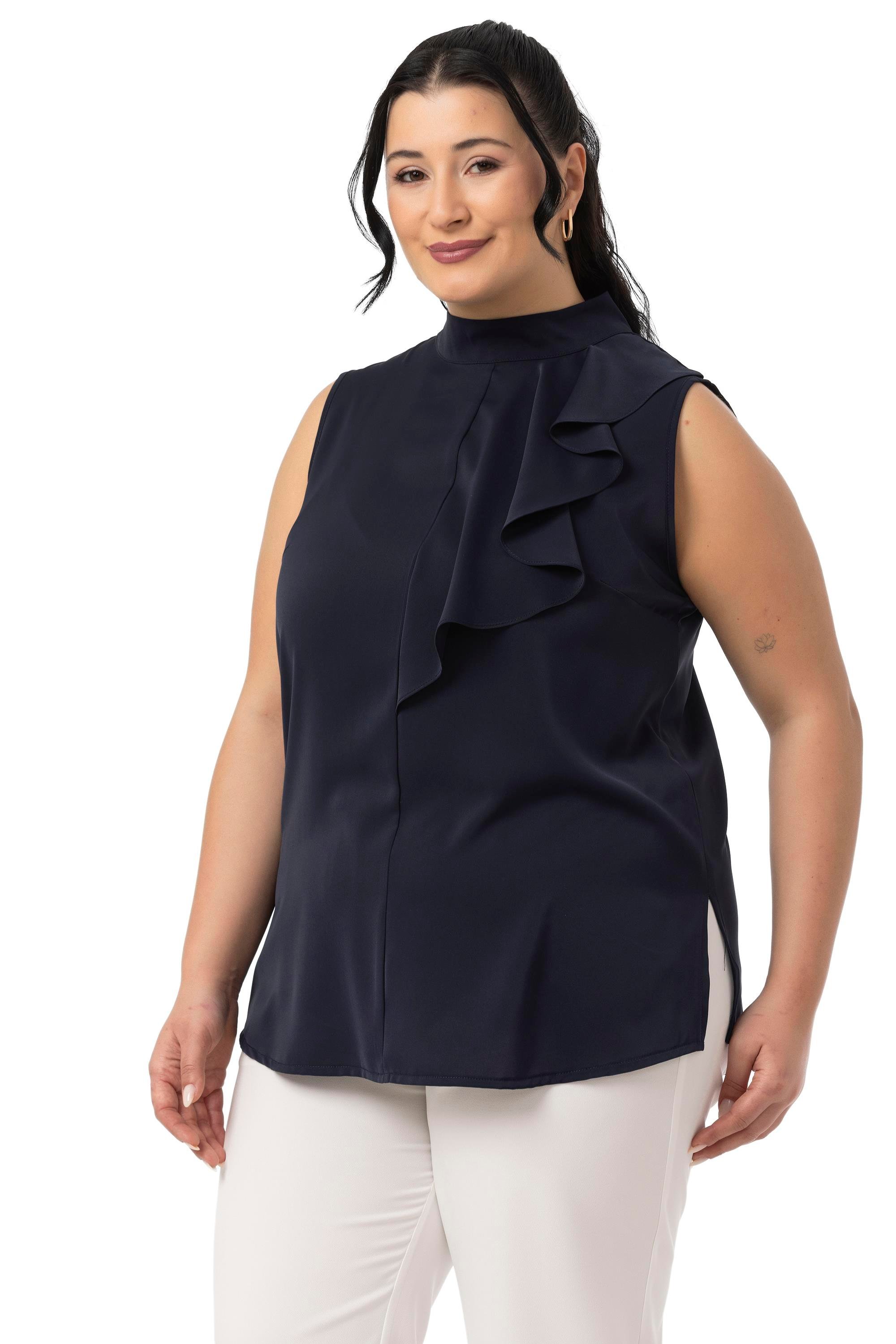 Büyük Beden Yarım Dik Yaka Asimetrik Volanlı Kolsuz Lacivert Bluz