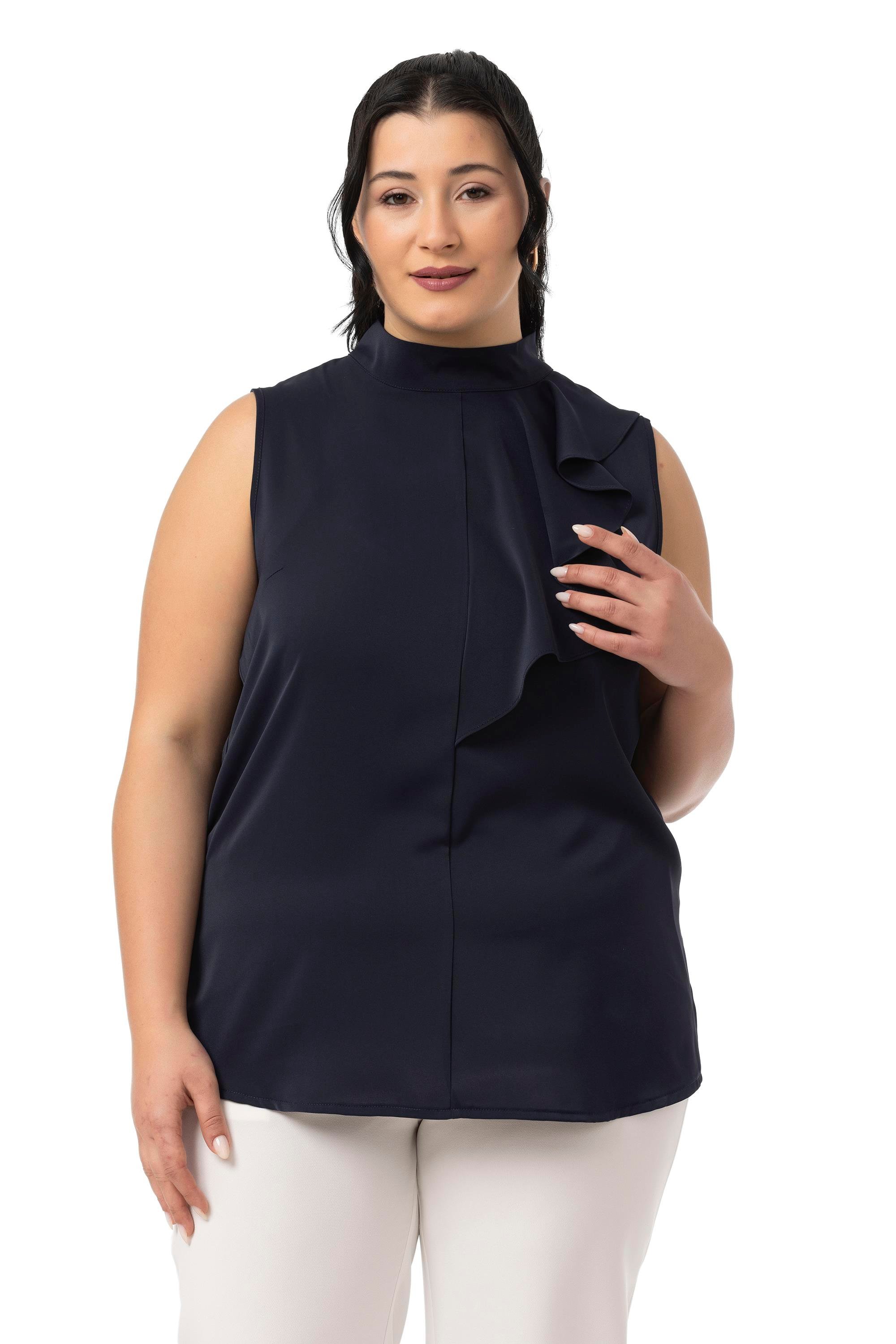 Büyük Beden Yarım Dik Yaka Asimetrik Volanlı Kolsuz Lacivert Bluz