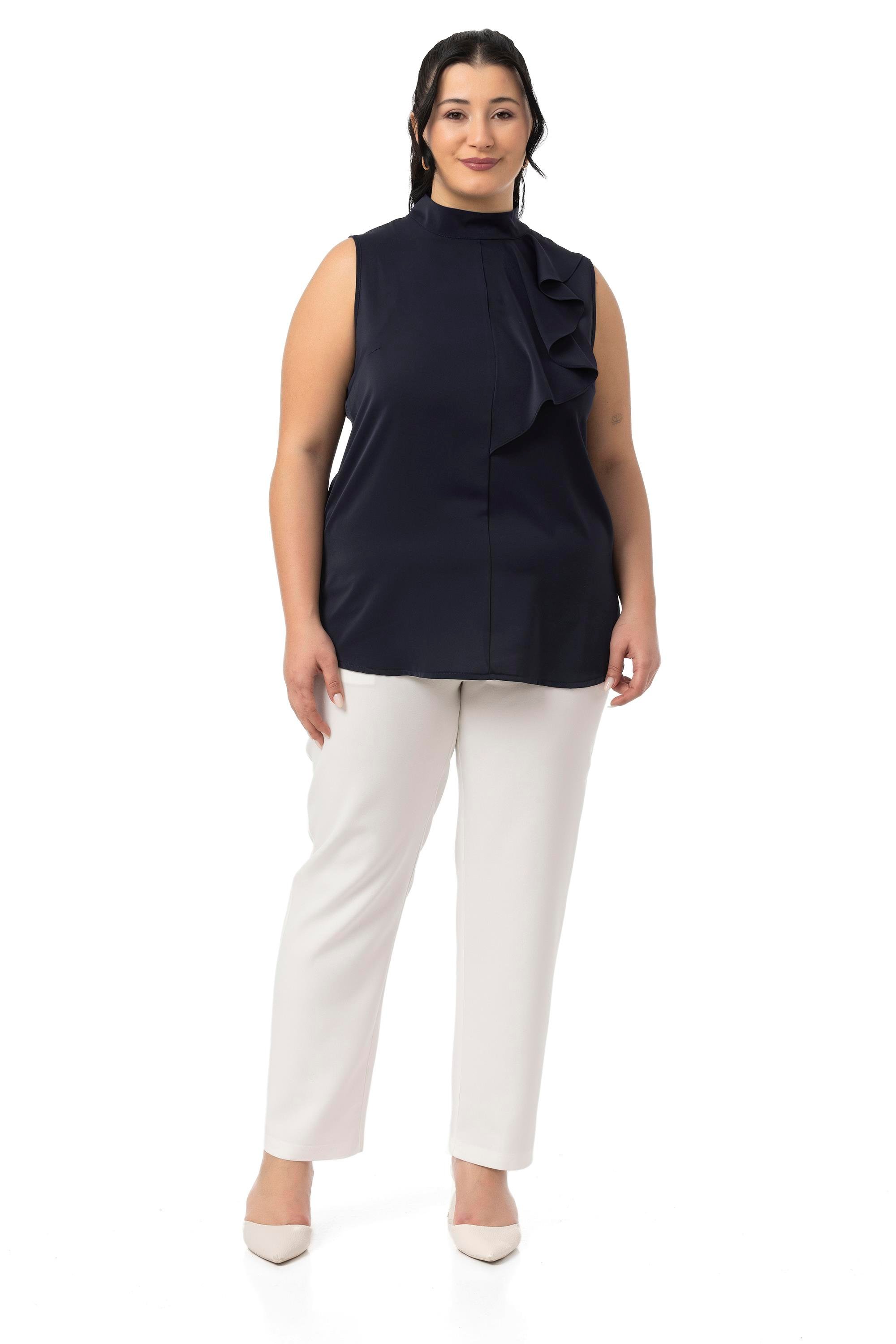 Büyük Beden Yarım Dik Yaka Asimetrik Volanlı Kolsuz Lacivert Bluz