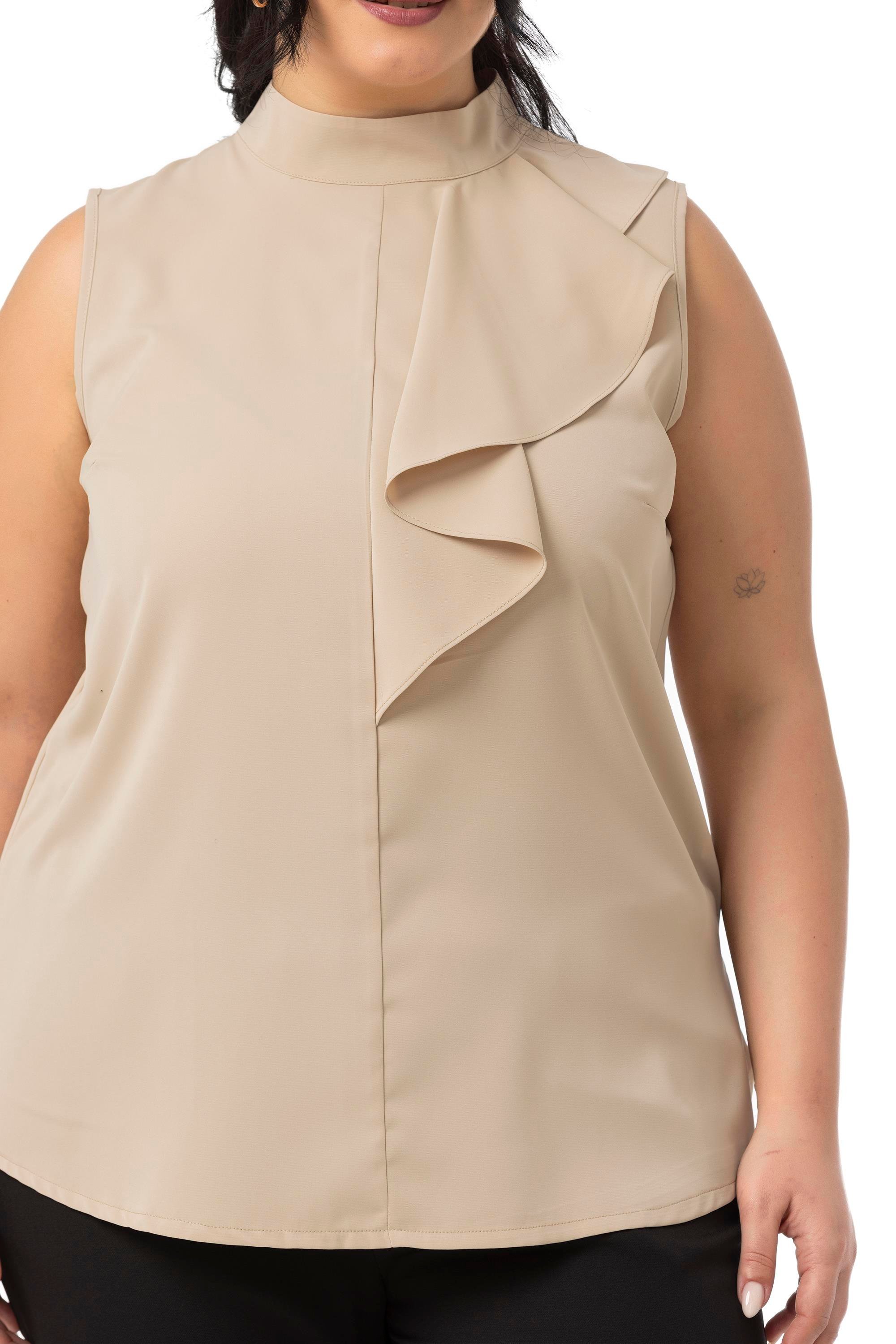 Büyük Beden Yarım Dik Yaka Asimetrik Volanlı Kolsuz Bej Rengi Bluz