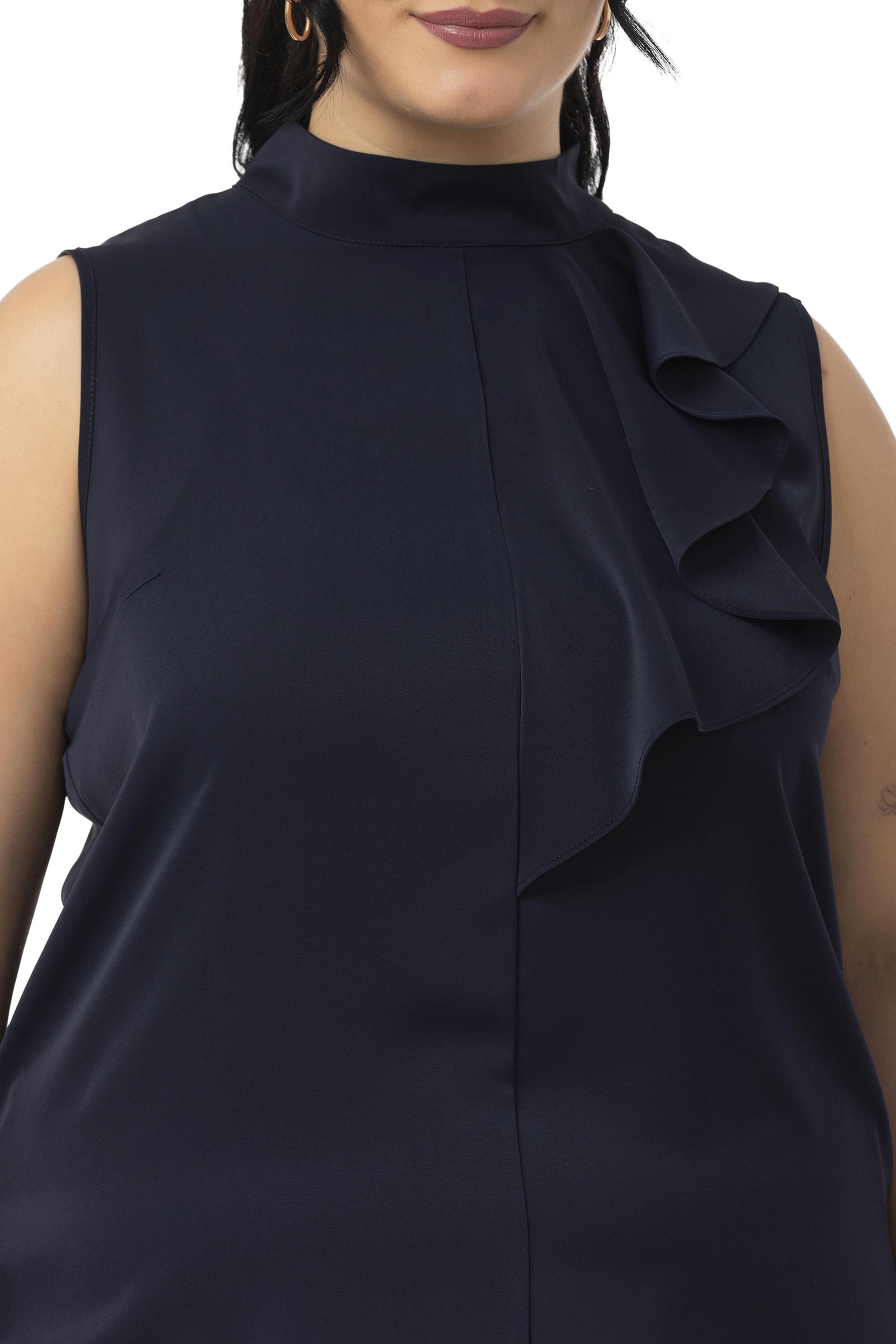 Büyük Beden Yarım Dik Yaka Asimetrik Volanlı Kolsuz Lacivert Bluz